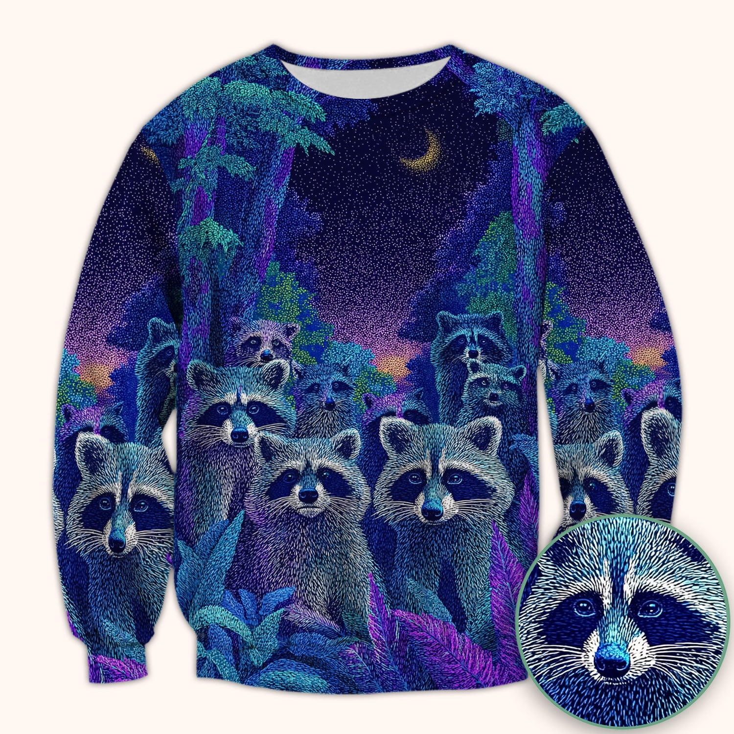 Moonlit Raccoon Pattern Scrub Top, Comfortable Scrubs for Nurses