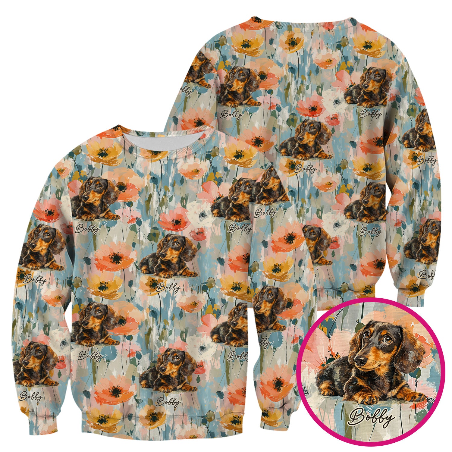 Personalized Dachshund Floral Portrait Pattern Scrub Top, Comfortable Scrubs for Nurses