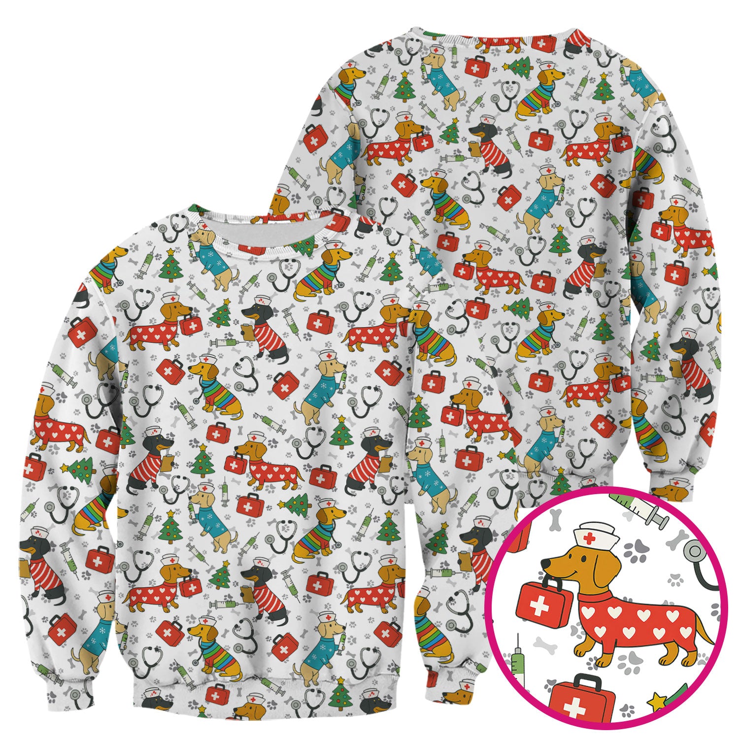 Funny Dachshund Scrub Shirt - Christmas Dog Print Scrubs Multi Color - Holiday Nurse Scrub Top Gift for Women, Men, CNA, RN, Medical Staff
