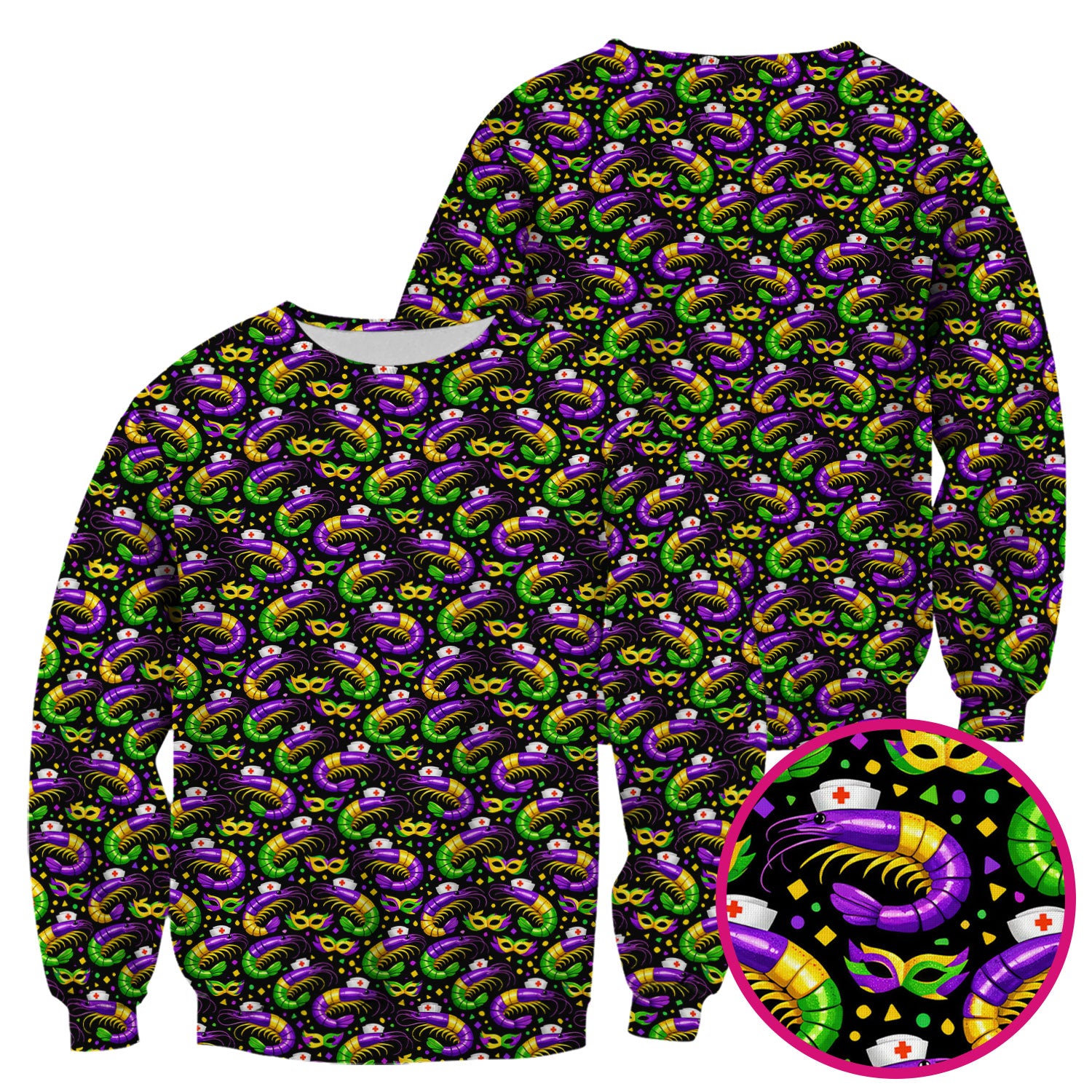 Mardi Gras Pattern Scrub Top, Crawfish Carnival Medical Nurse Scrub Shirt, Breathable Fabrics Nursing Uniform