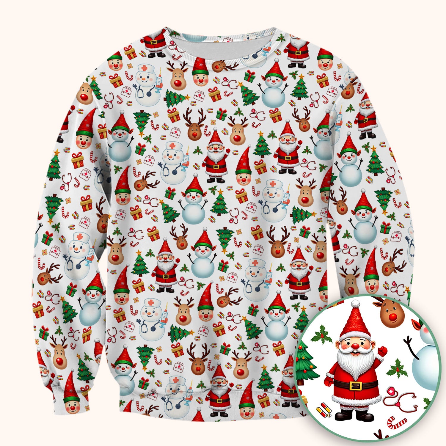 Christmas Nurse Scrub Top - Cute Snowman Santa Reindeer Pattern Medical Shirt - Festive Holiday Scrubs for Women RN CNA LPN