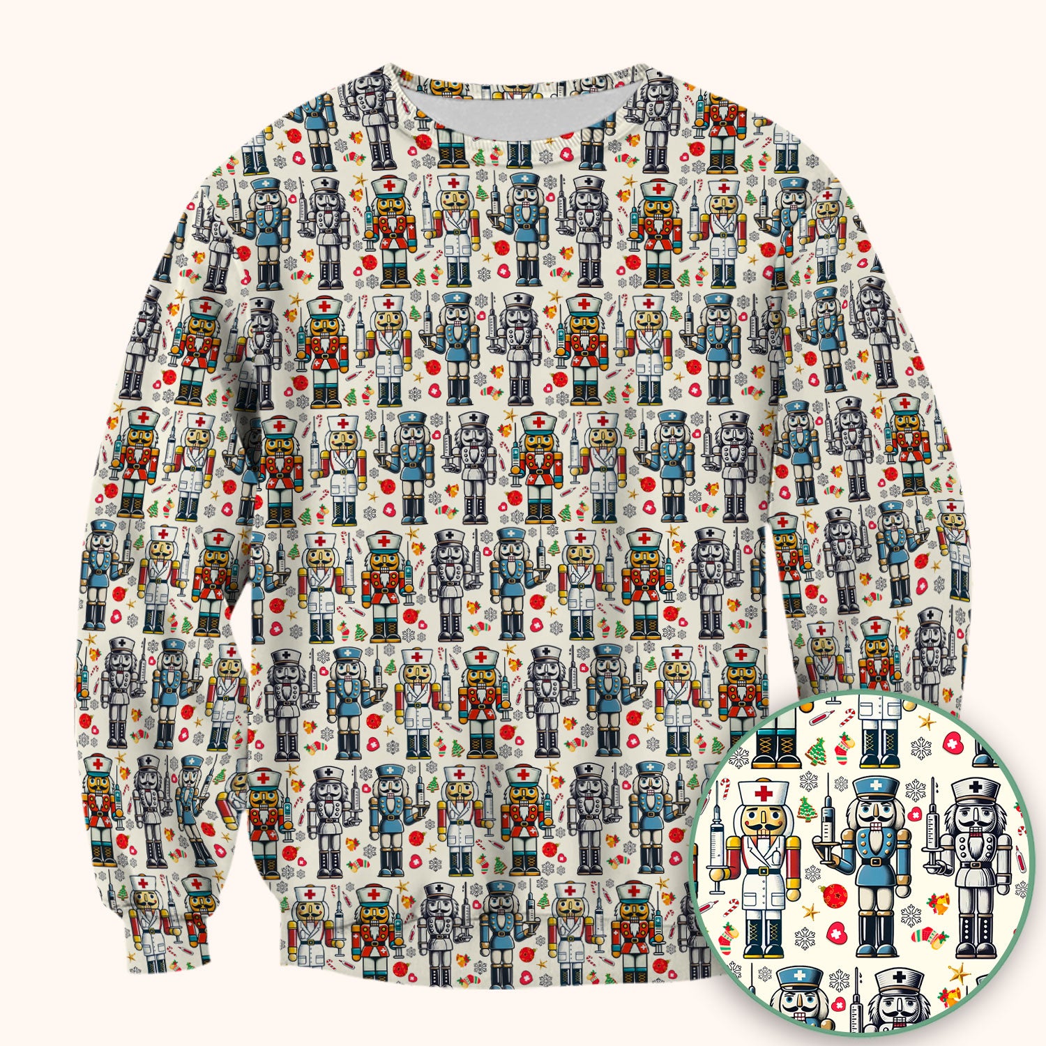 Funny Nutcracker Christmas Scrub Top – Cute Holiday Nurse Pattern Shirt – Festive Medical Uniform for RN, LPN, CNA, and Healthcare Workers