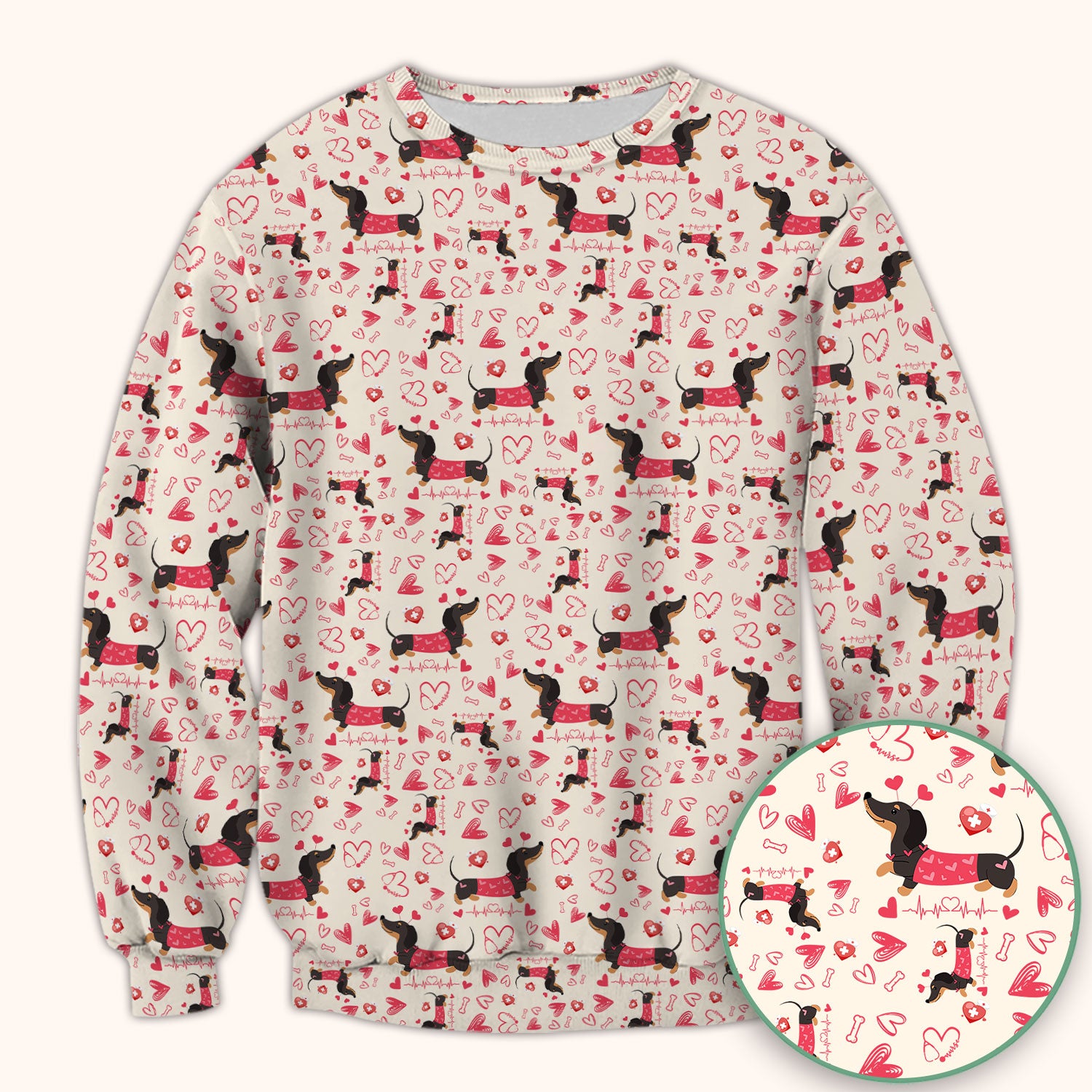 Dachshund Valentine Scrub Top, Cute Wiener Dog Heart Pattern Nurse Shirt, Breathable Fabrics Nursing Uniform