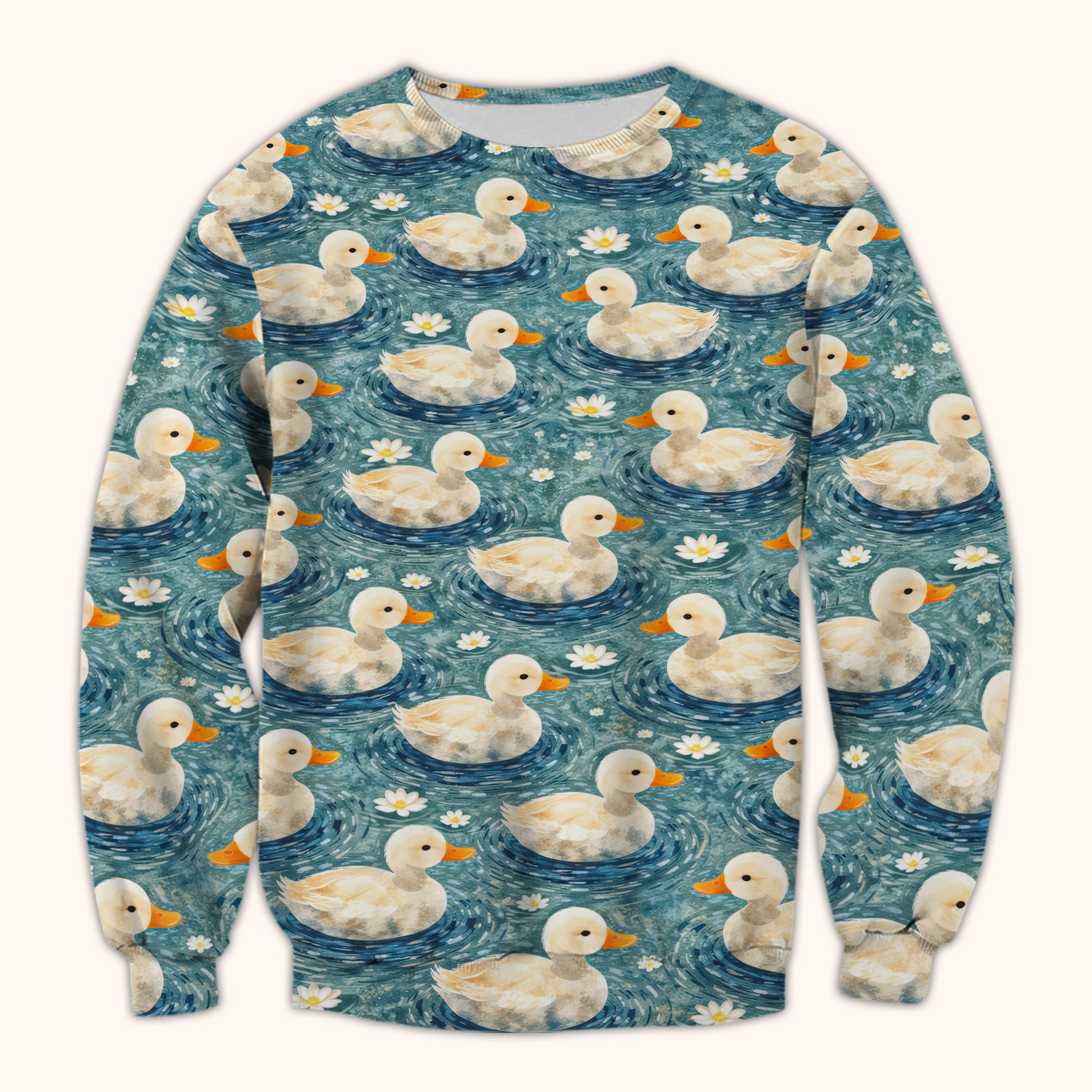 Charming Duck Pond Scrub Top, Peaceful Waterfowl Print Nursing Uniform, Breathable Medical Scrubs