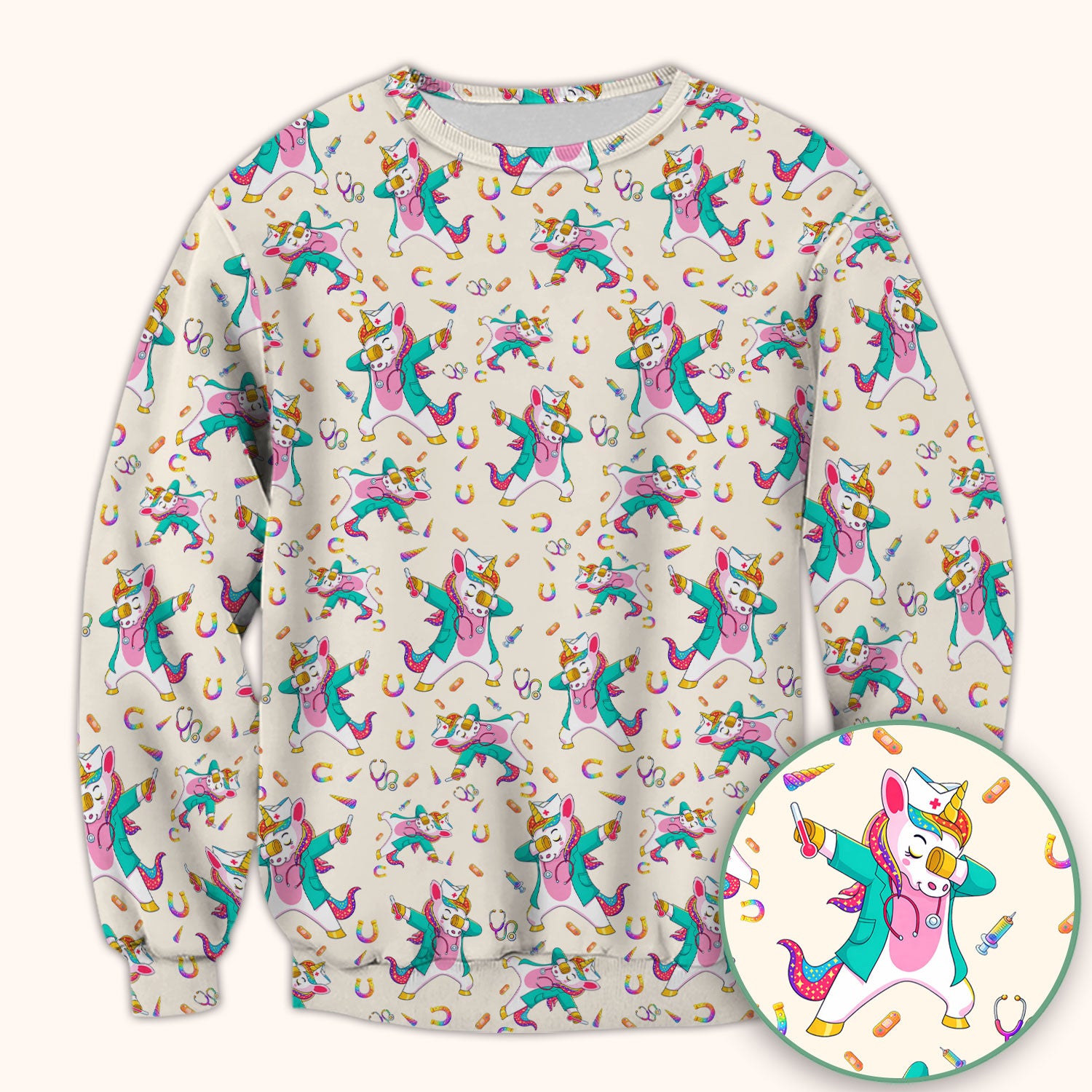Cute Unicorn Nurse Dance Pattern Scrub Top, Breathable Fabrics Nursing Uniform