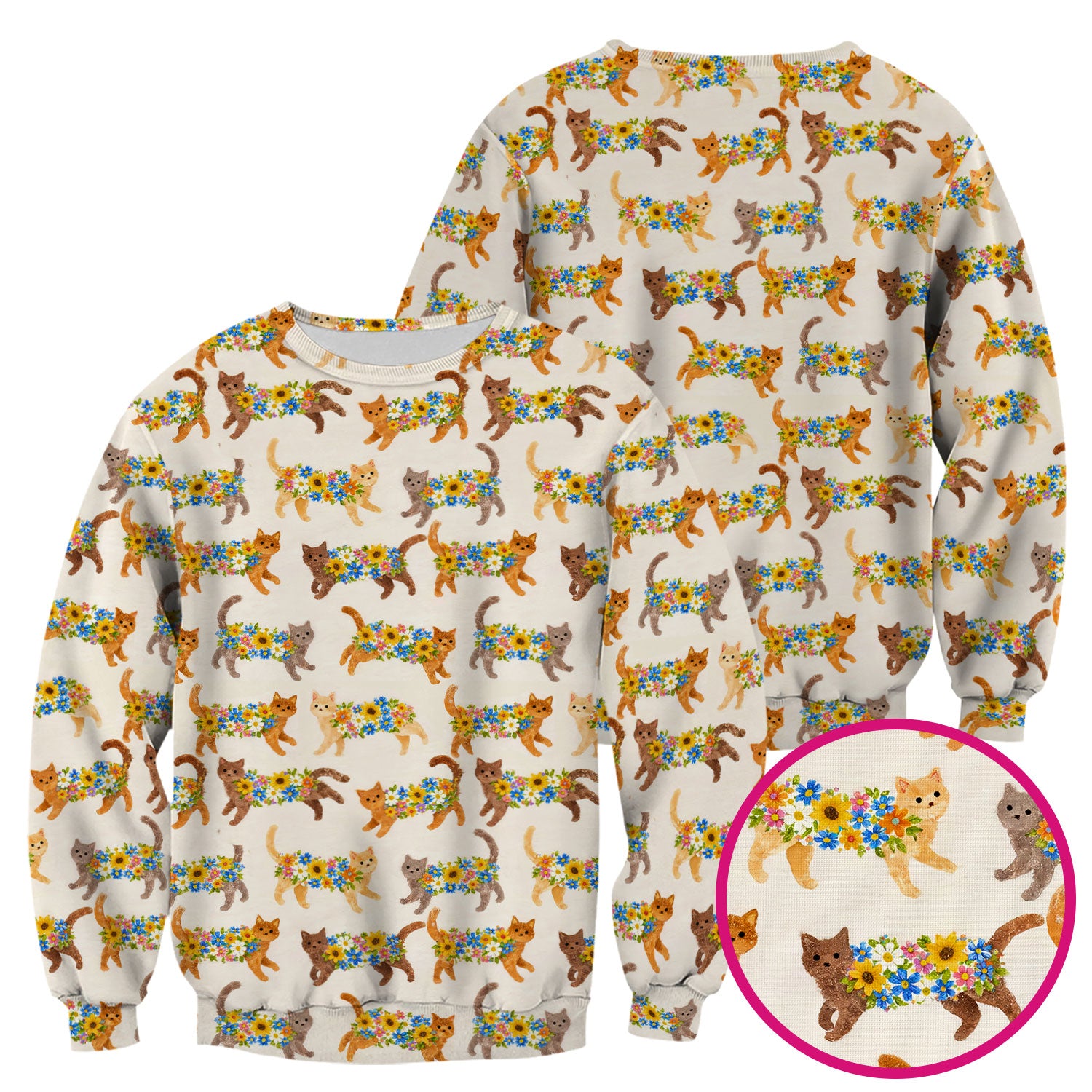 Cute Flower Filled Cat Pattern Scrub Top, Breathable Fabrics Nursing Uniform