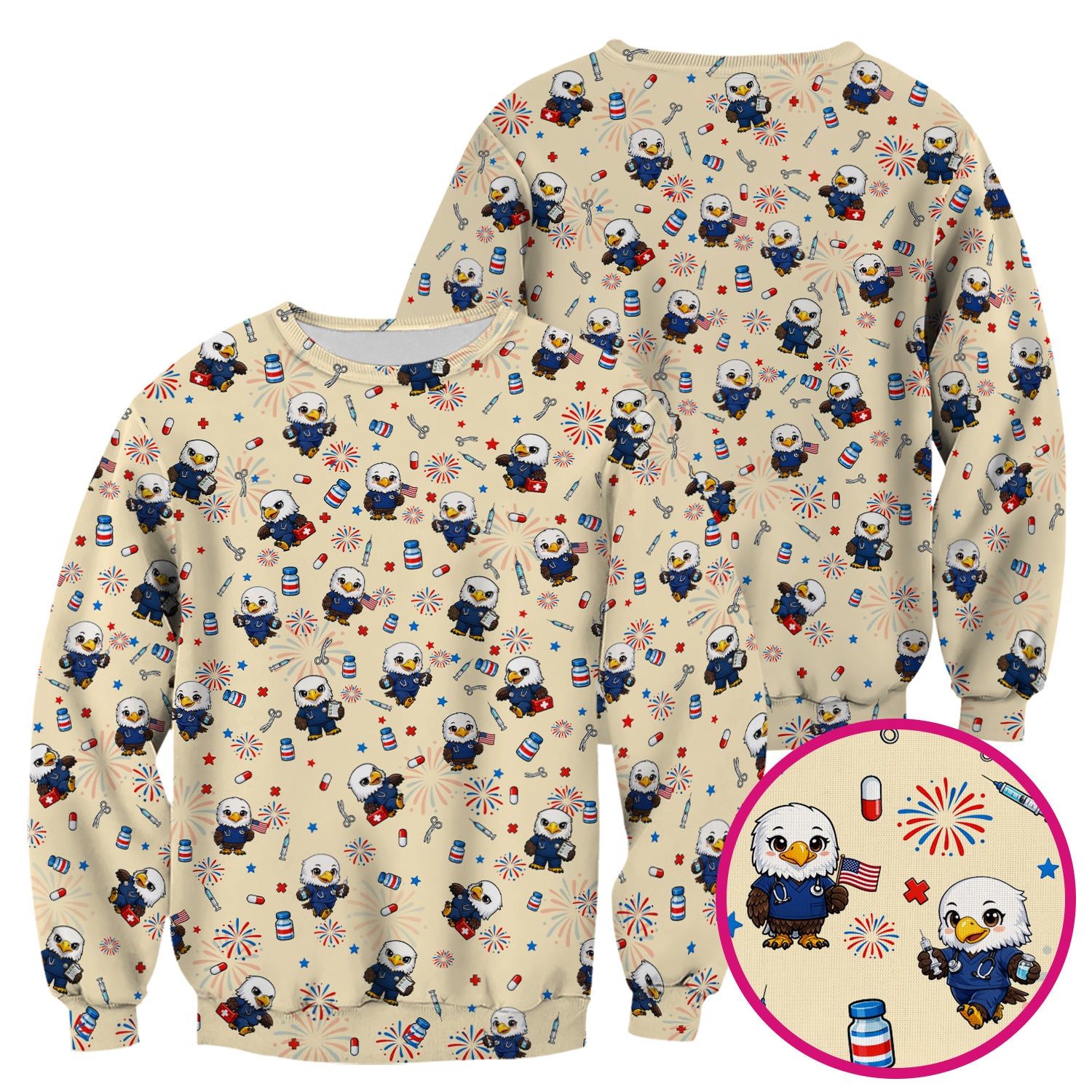 Patriotic Nurse Eagle Fireworks Medical Pattern Scrub Top, Breathable Fabrics Nursing Uniform