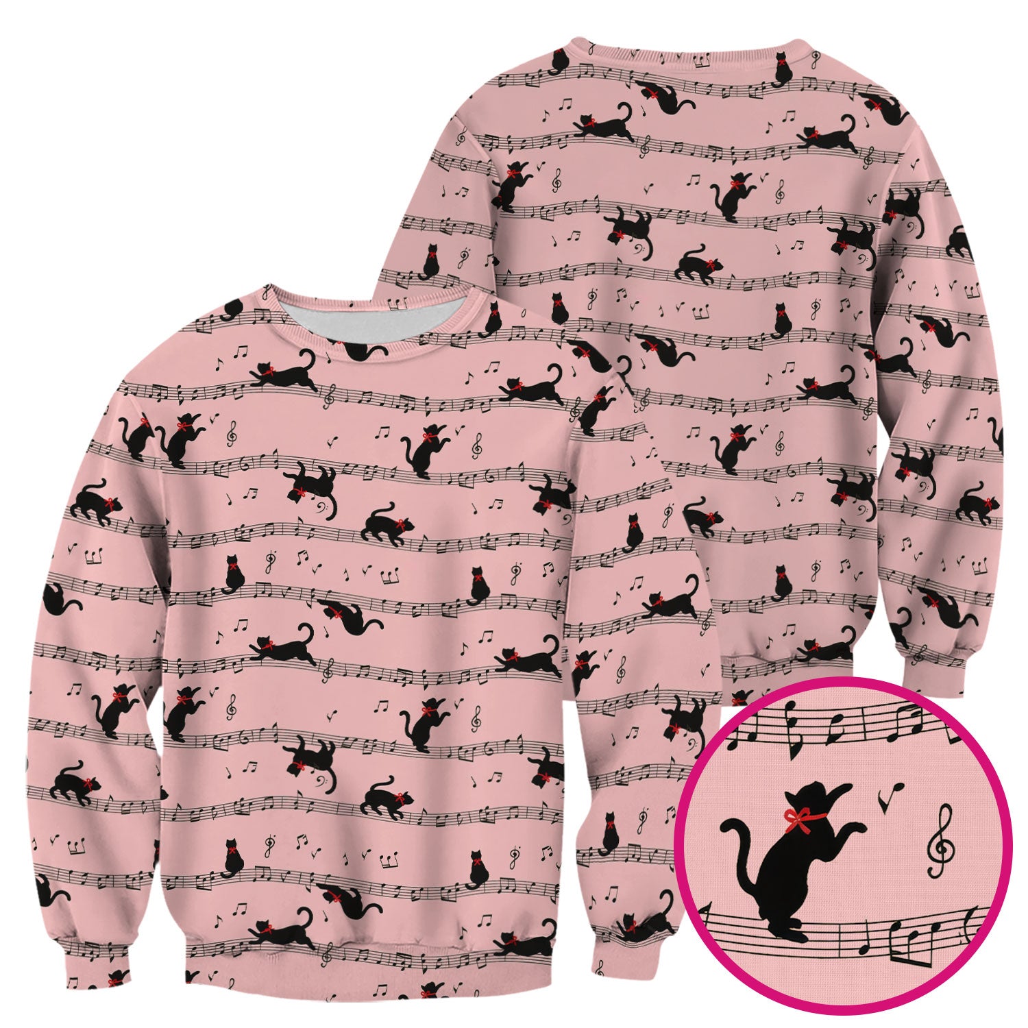 Cute Dancing Black Cat Music Staff Pattern Scrub Top, Comfortable Scrubs for Nurses