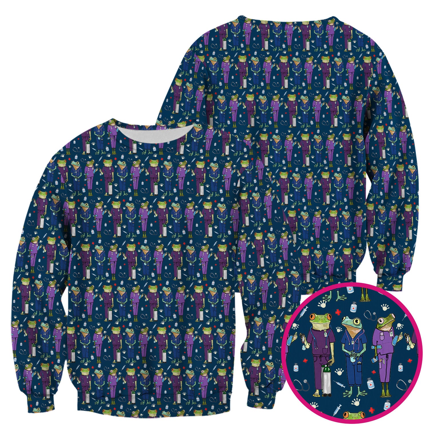Funny Frog Nurse Pattern Scrub Top, Breathable Healthcare Uniform Top