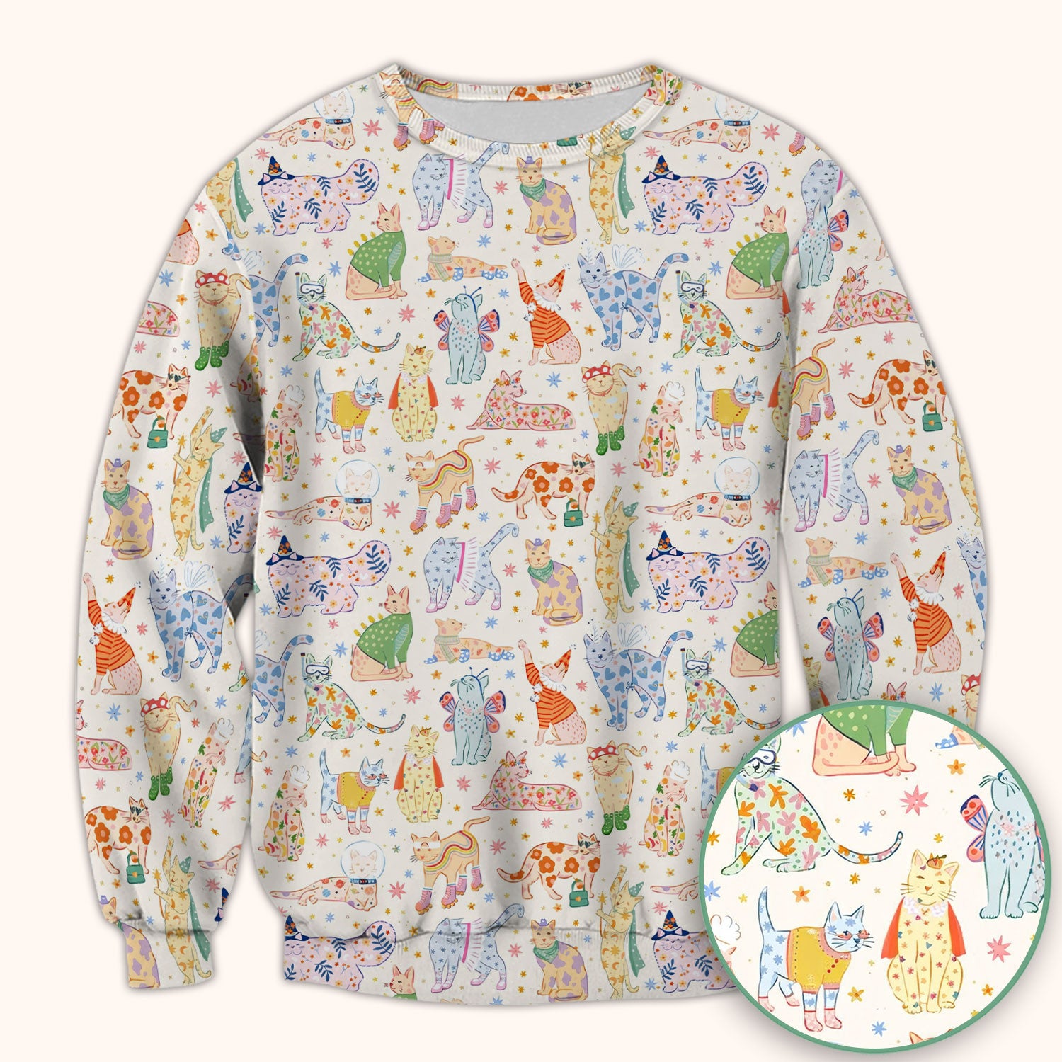 Colorful Pastel Cartoon Cats Print Scrub Top, Breathable Fabrics Nursing Uniform