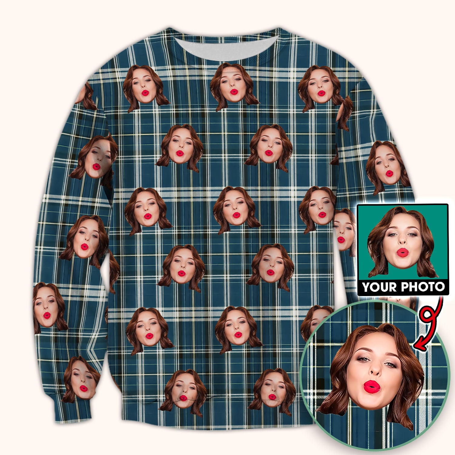 Personalized Funny Face Plaid Scrub Top, Custom Photo Pattern Medical Shirt, Breathable Fabrics Nursing Uniform