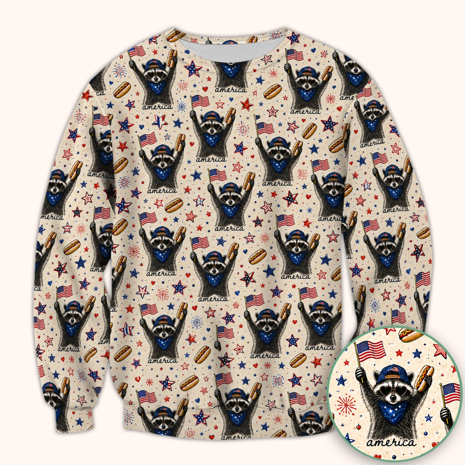 Patriotic Raccoon America Hotdog Pattern Scrub Top, Comfortable Scrubs for Nurses