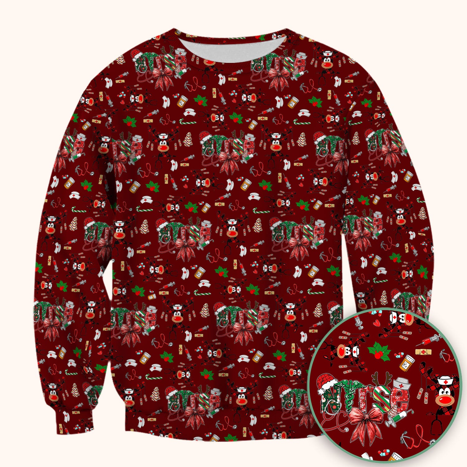 Whimsical Reindeer Christmas Scrub Top – Festive Holiday Reindeer Pattern – Cute Medical Uniform for Nurses, Vets and Healthcare Workers