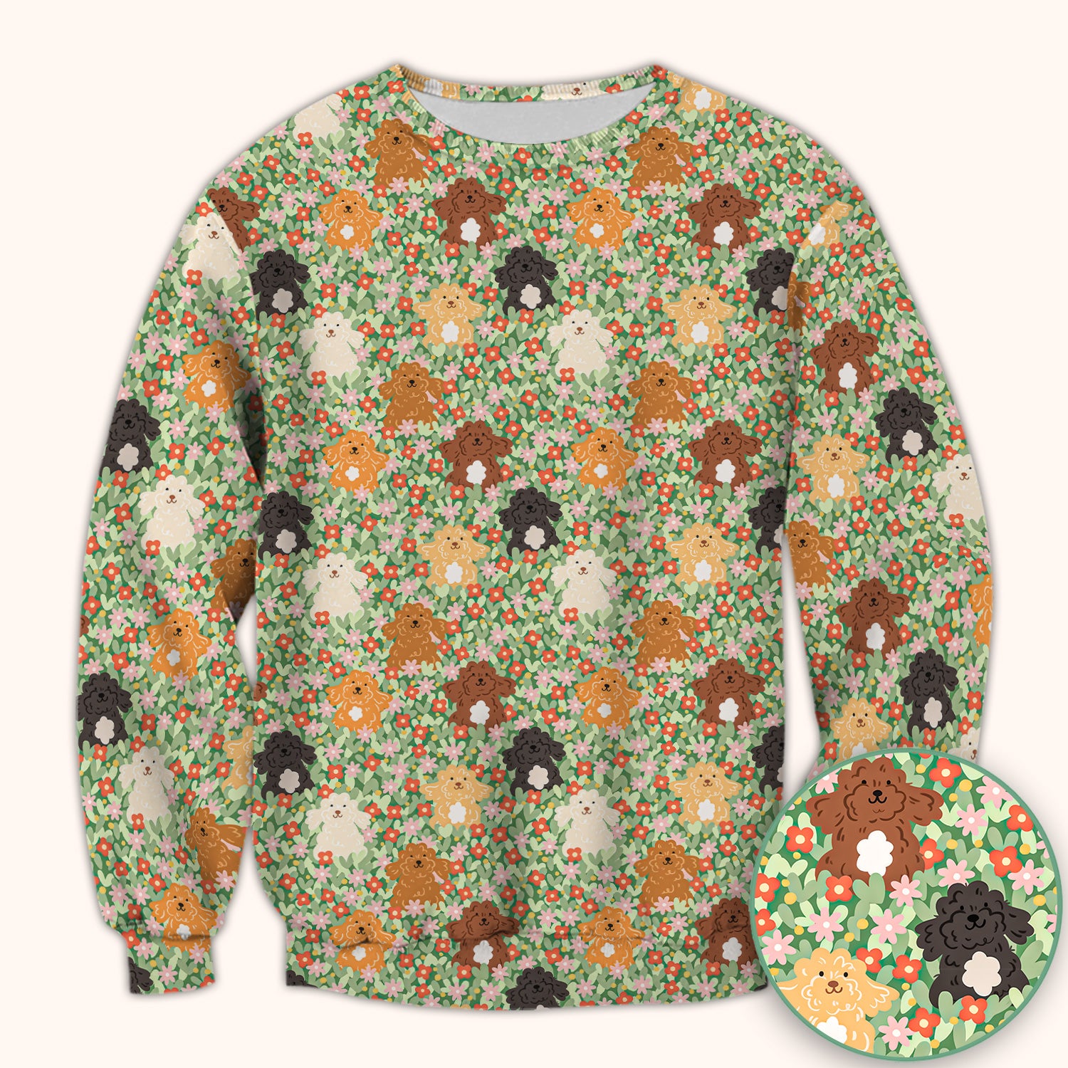 Cute Poodle Dogs Floral Pattern Scrubs Top, Breathable Fabrics Nursing Uniform