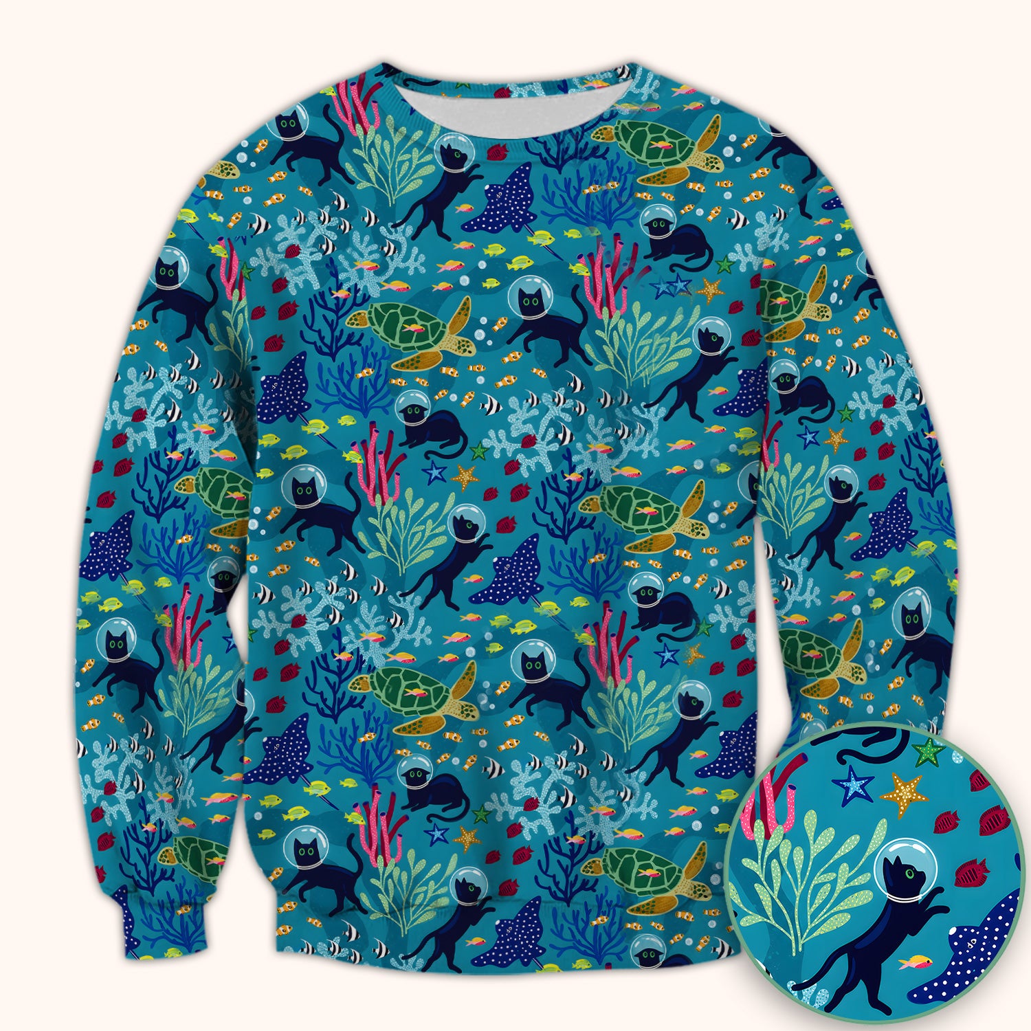 Underwater Cat Turtle Veterinary Pattern Scrub Top for RN, CNA, Ocean Medical Uniform