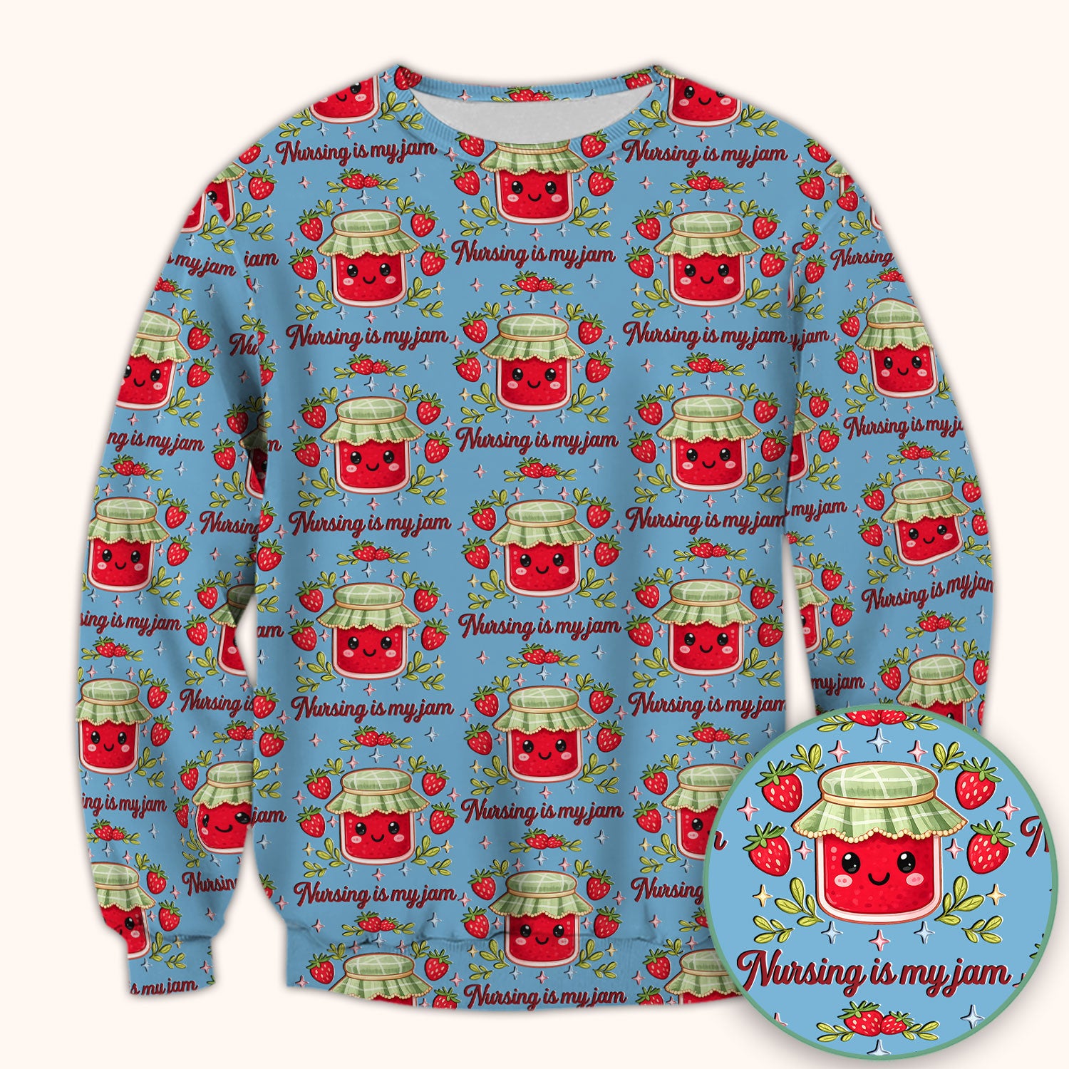 Cute Strawberry Jam Nurse Pattern Scrub Top, Breathable Fabrics Nursing Uniform