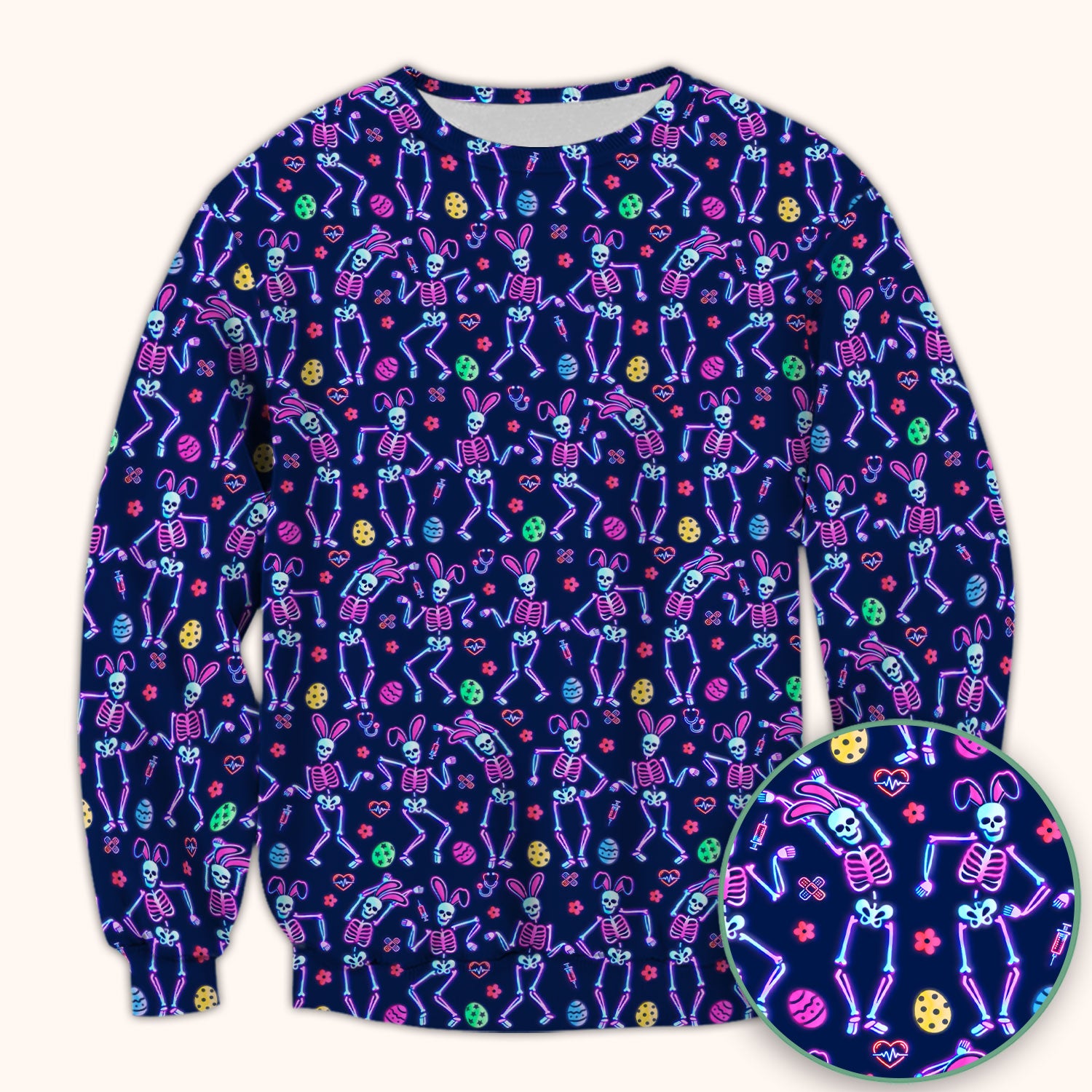 Neon Easter Skeleton Pattern Scrub Top, Comfortable Scrubs for Nurses