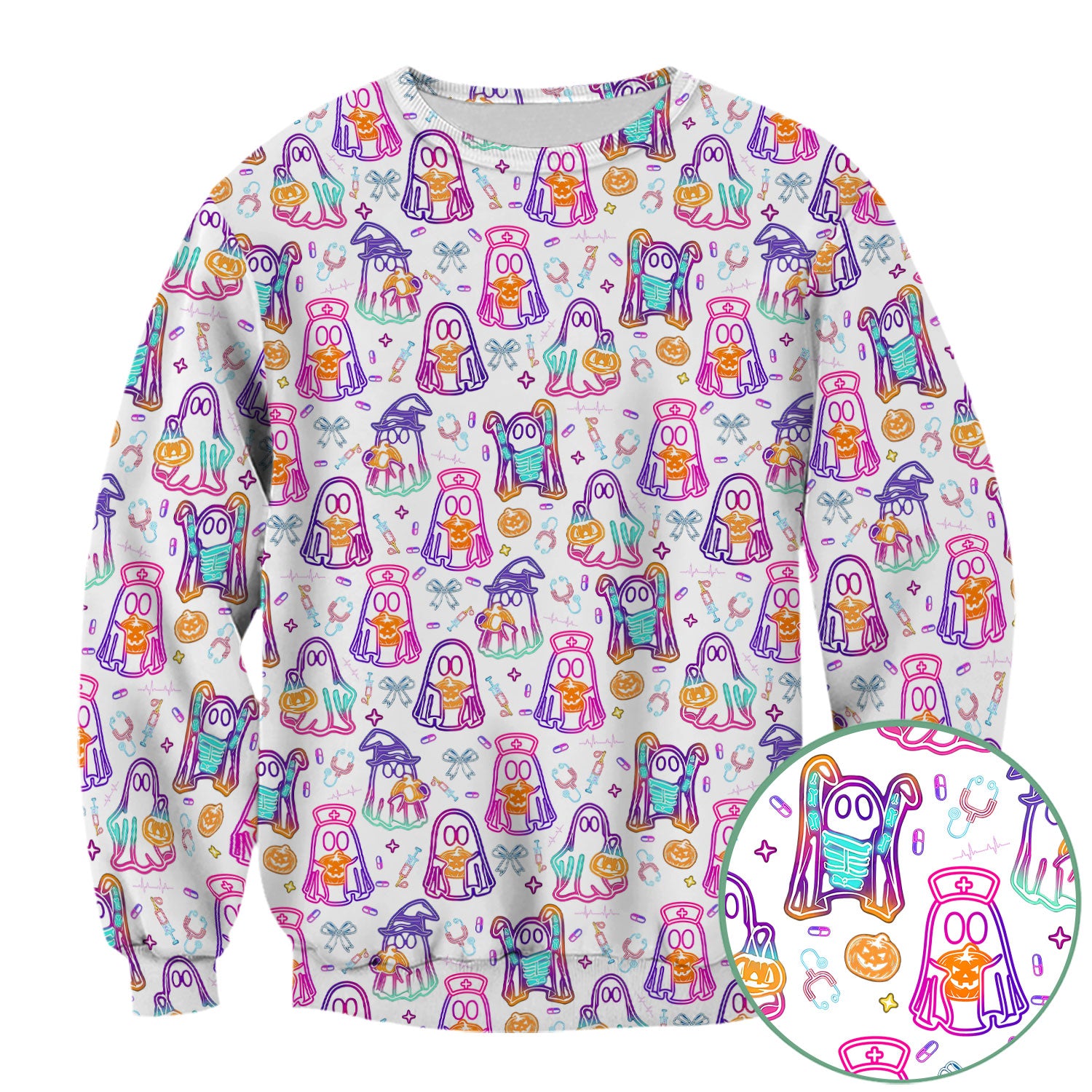 Halloween Nurse Scrub Top for Women - Cute Neon Ghost Medical Uniform - Funny Spooky Nursing Shirt RN CNA LPN Gift