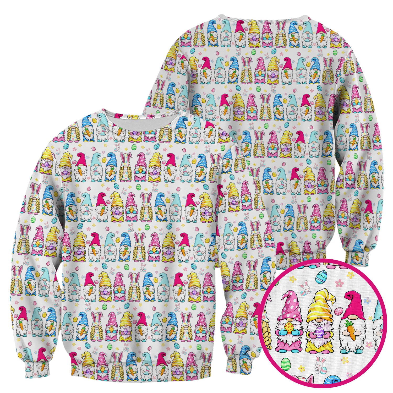 Colorful Easter Gnome Bunny Eggs Print Scrub Top, Comfortable Scrubs for Nurses