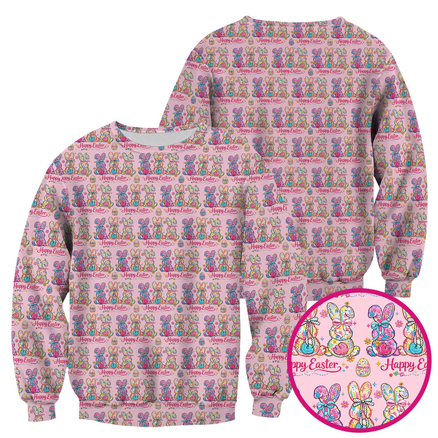 Pink Happy Easter Bunny Pattern Scrub Top, Comfortable Scrubs for Nurses