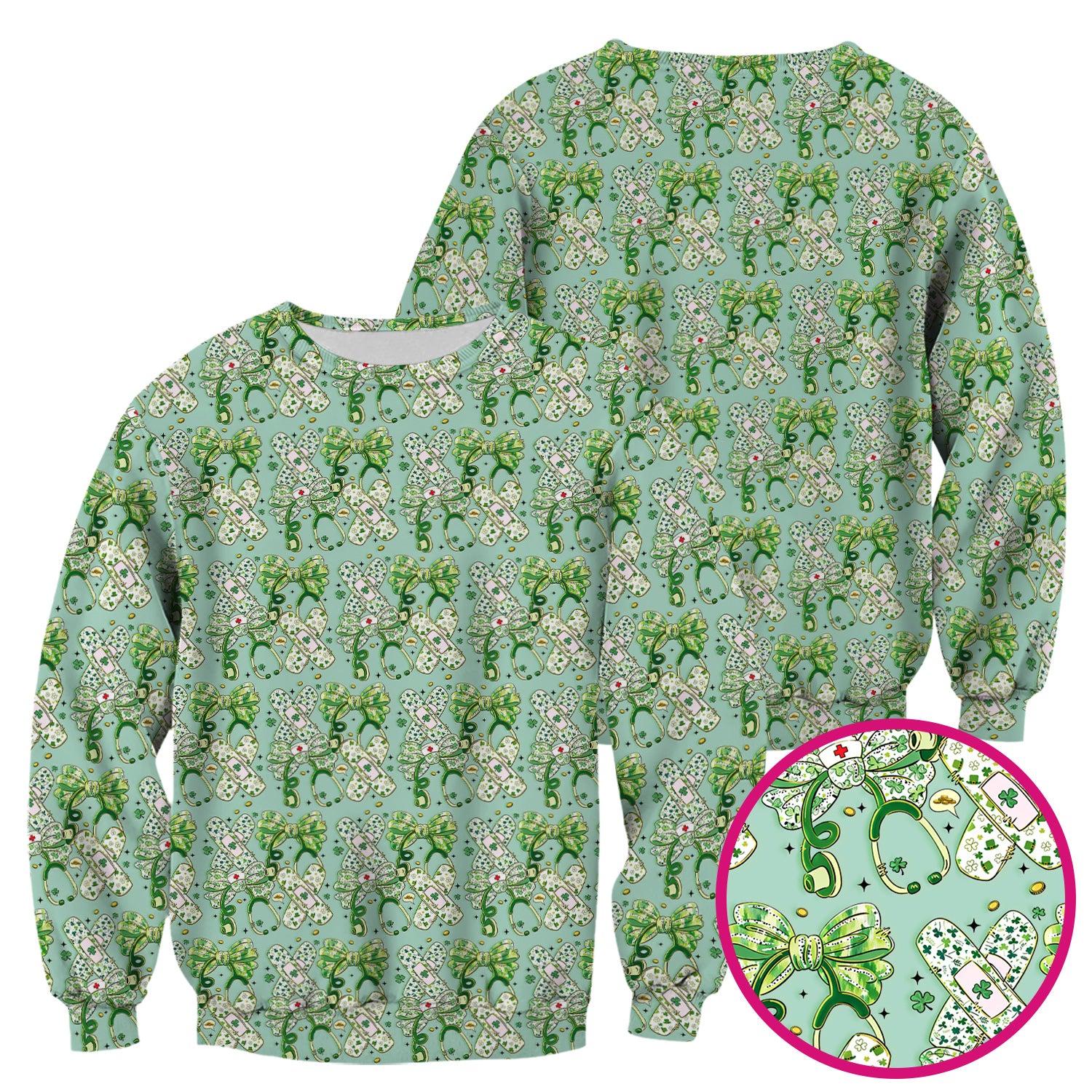 St Patrick Shamrock Stethoscope Bow Print Scrub Top, Breathable Fabrics Nursing Uniform
