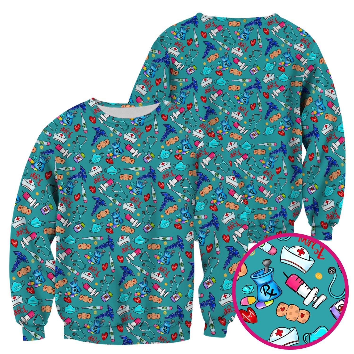 Nurse Medical Icons Stethoscope Heart Pattern Scrub Top, Comfortable Scrubs for Nurses