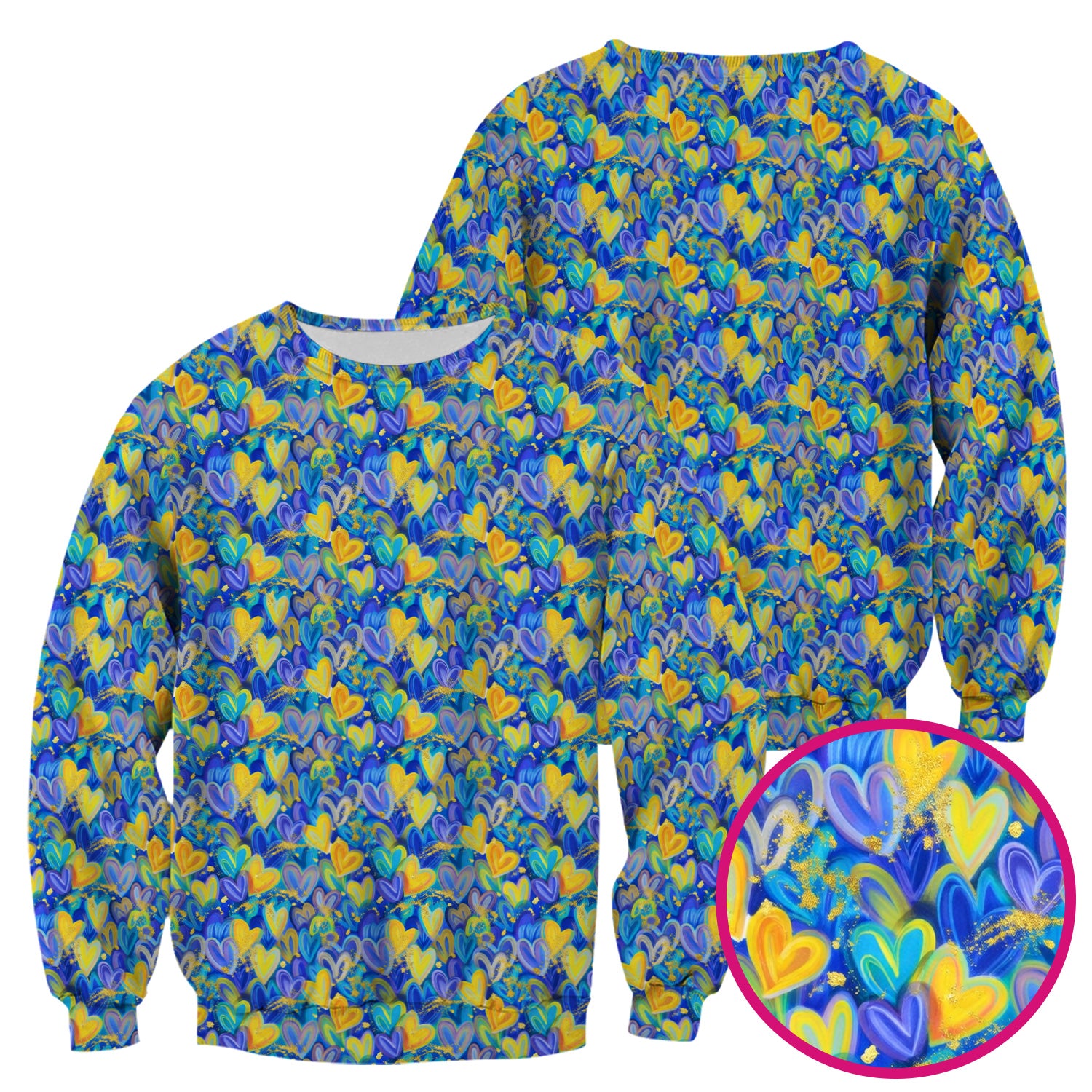 Blue and Yellow Layered Heart Gold Splatter Print Scrub Top, Artistic Scrubs for Nurses
