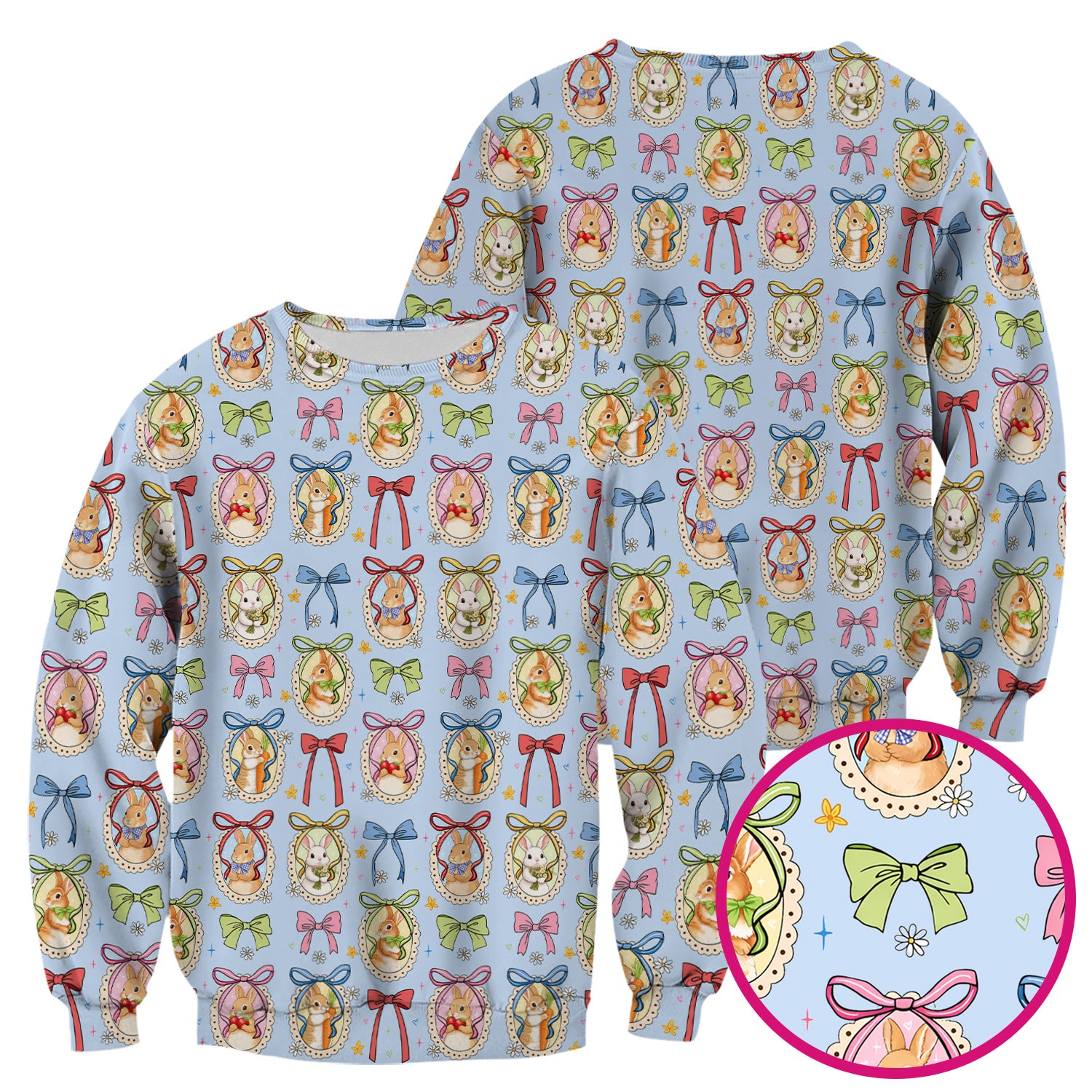 Cute Easter Bunny Cameo Colorful Bow Pattern Scrub Top, Breathable Fabrics Nursing Uniform