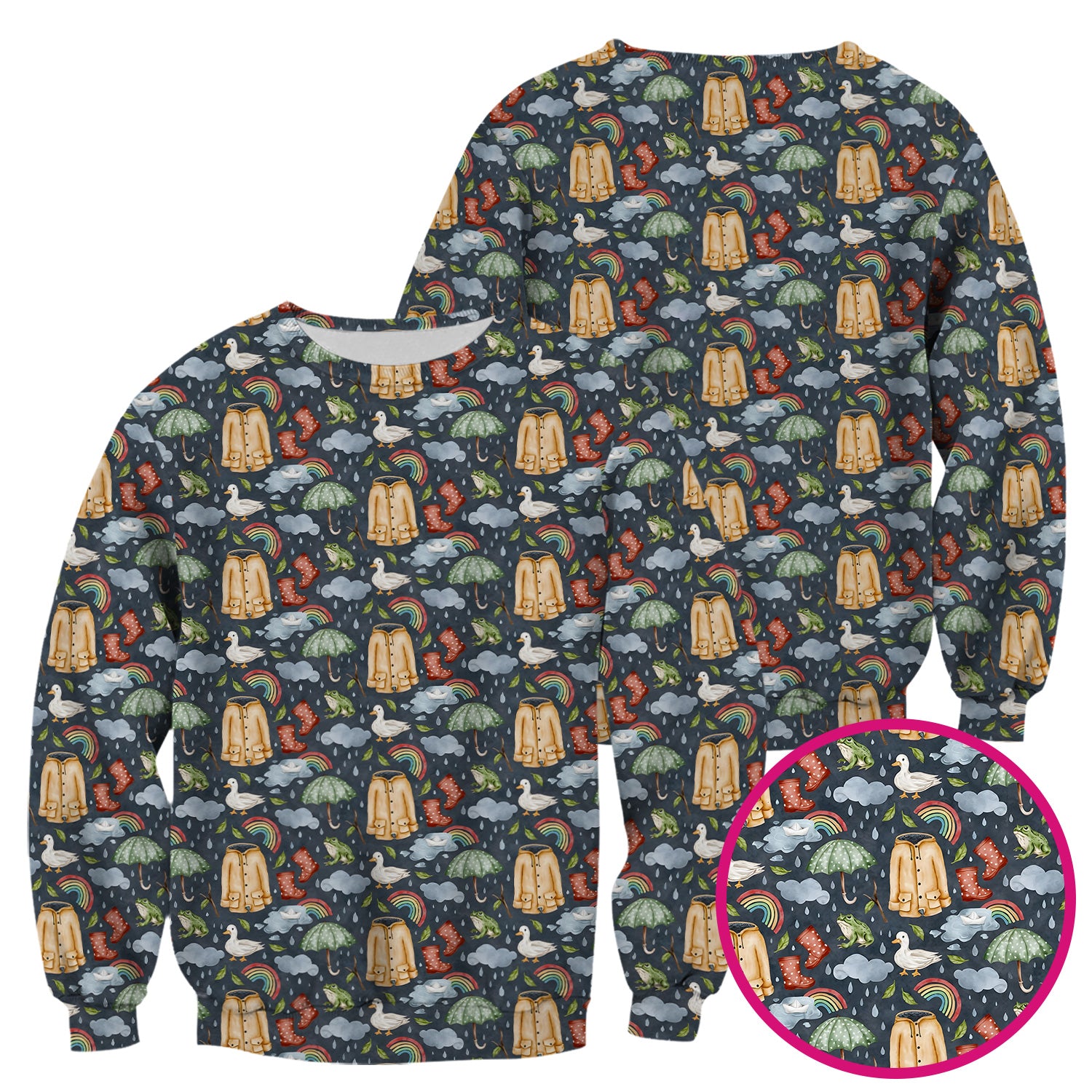 Cute Rainy Day Ducks & Frog Rainbow Pattern Scrub Top, Colorful Gothic Nurse Scrubs Uniform