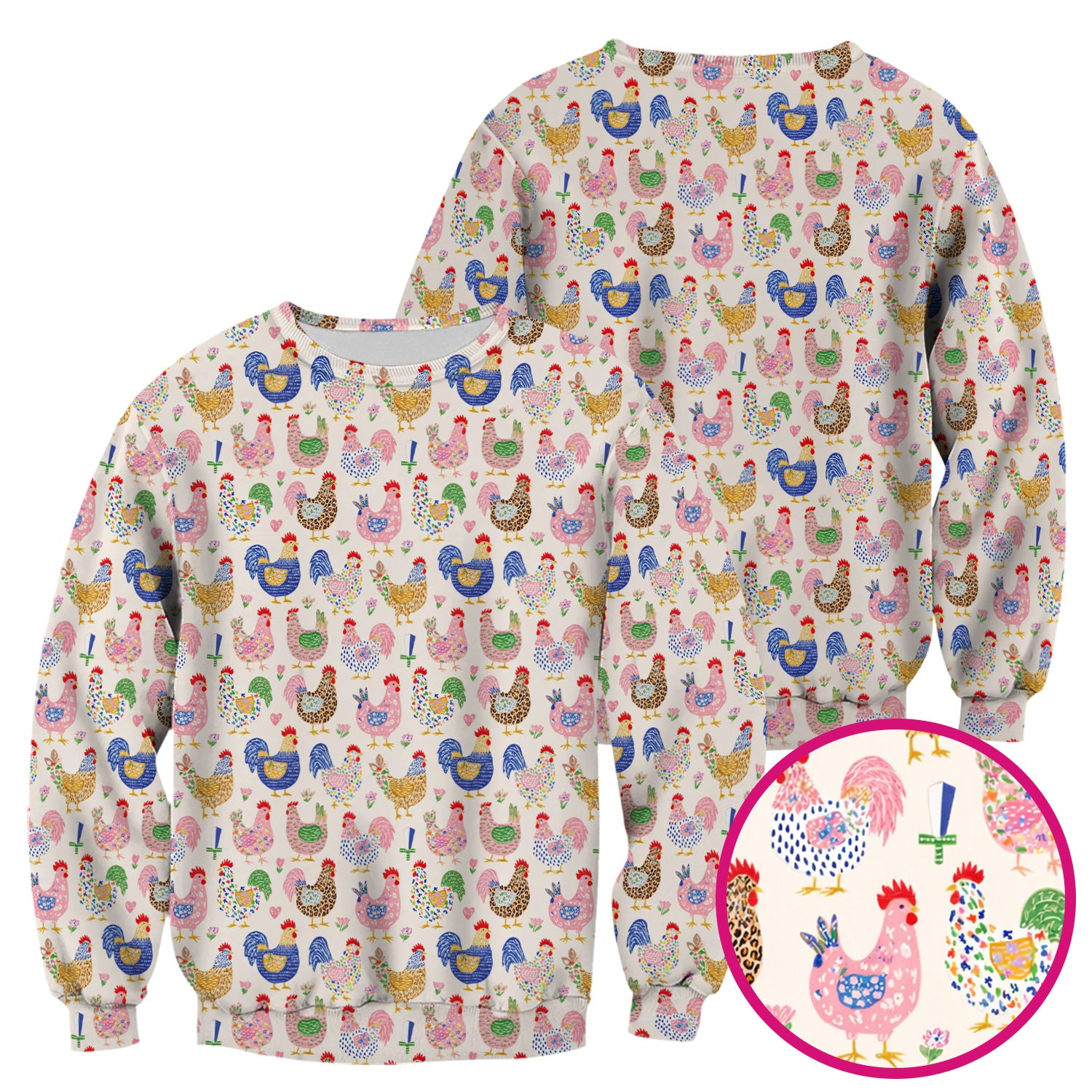 Colorful Chicken Farm Pattern Scrub Top, Breathable Fabrics Nursing Uniform