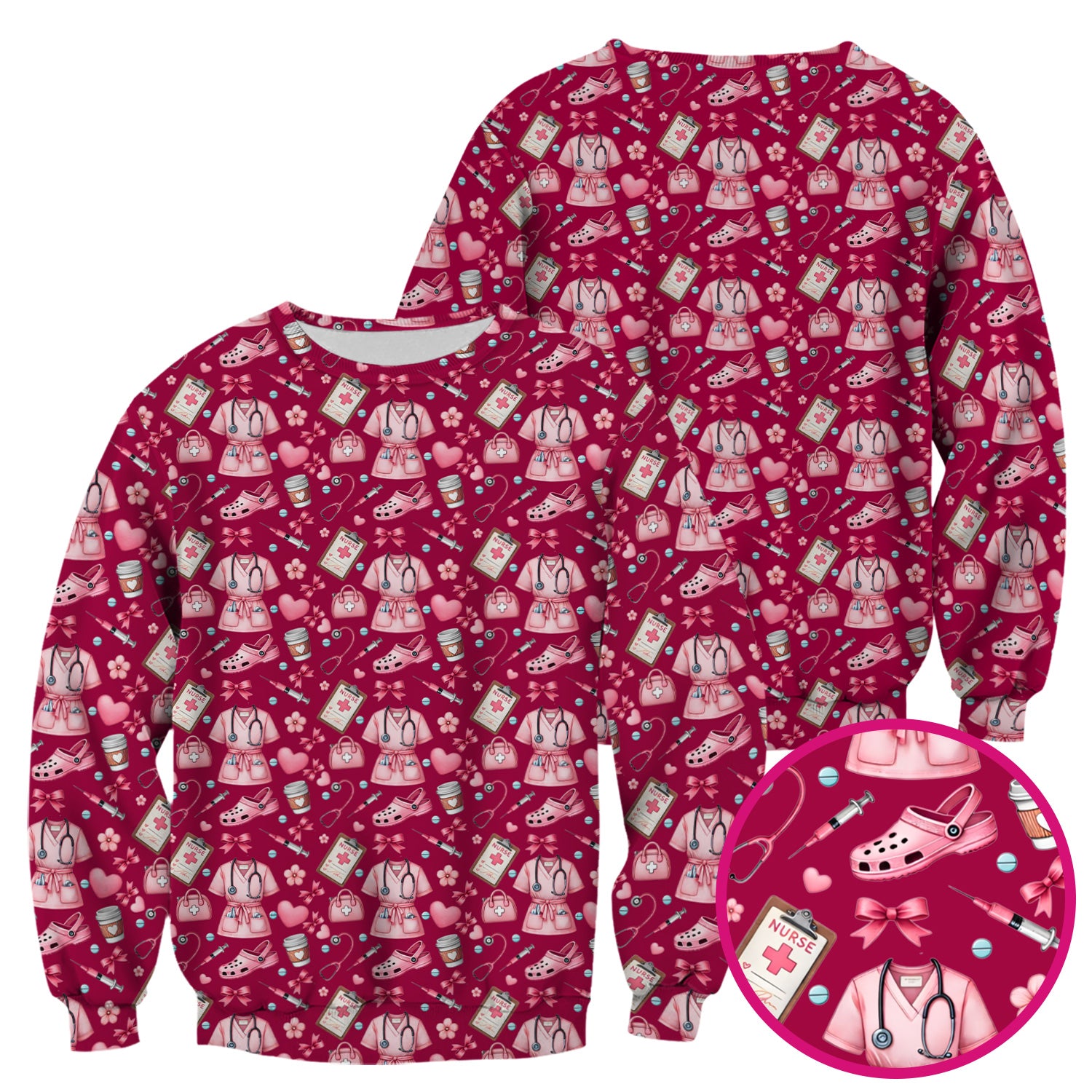 Valentine Pink Nurse Icons Print Scrub Top, Comfortable Scrubs for Nurses
