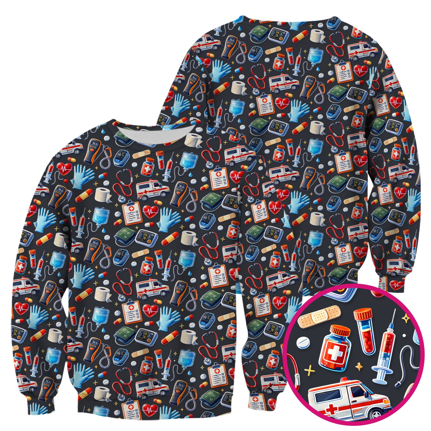 Medical Tools Pattern Ambulance Stethoscope Scrub Top, Comfortable Scrubs for Nurses