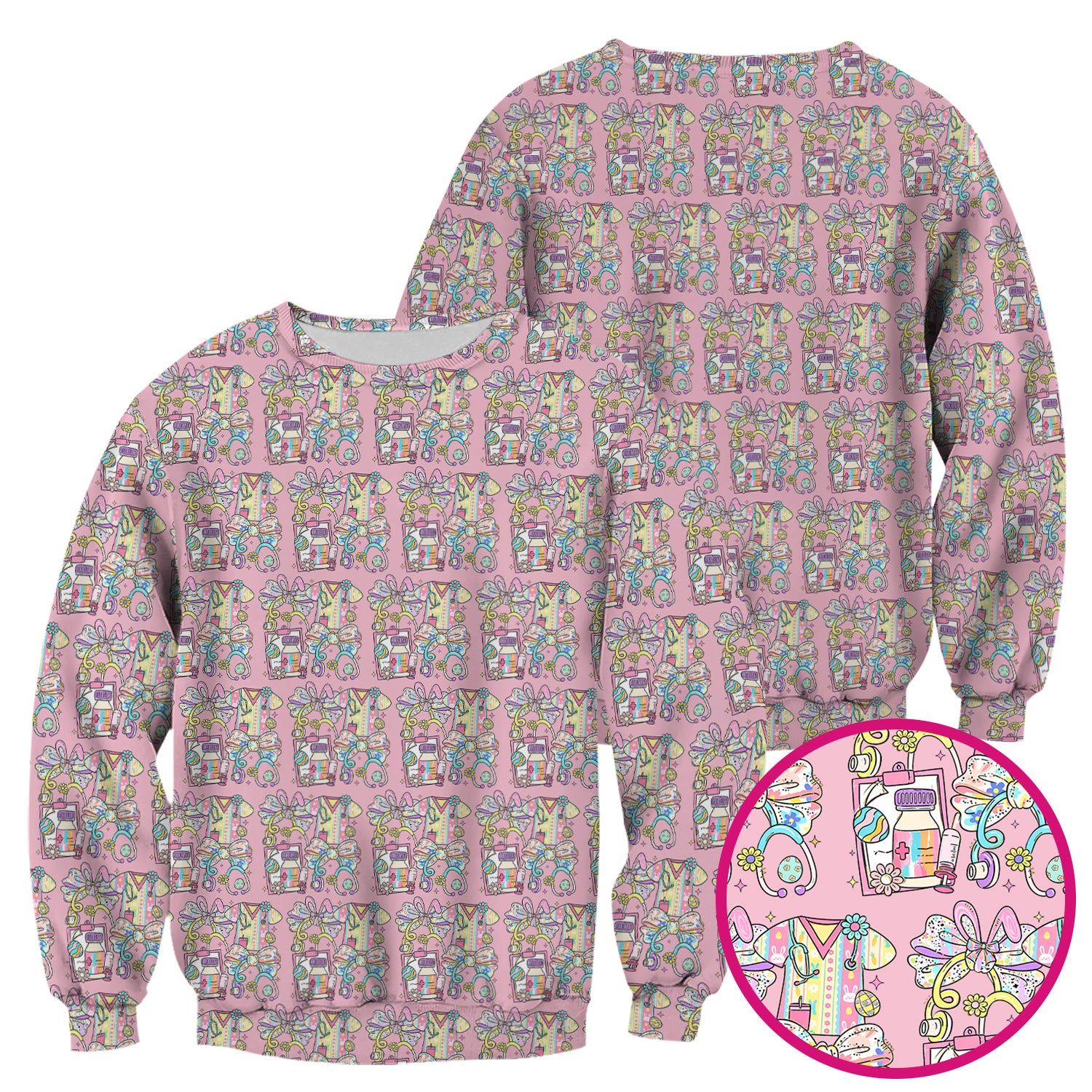 Colorful Nurse Scrub Supplies Pattern Scrub Top, Breathable Fabrics Nursing Uniform