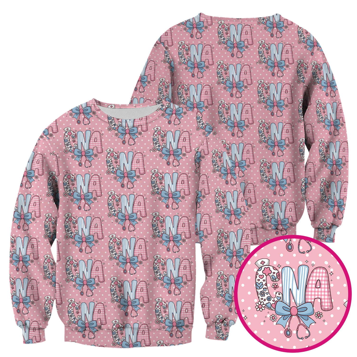 Cute CNA Floral Bow Pattern Scrub Top, Breathable Fabrics Nursing Uniform