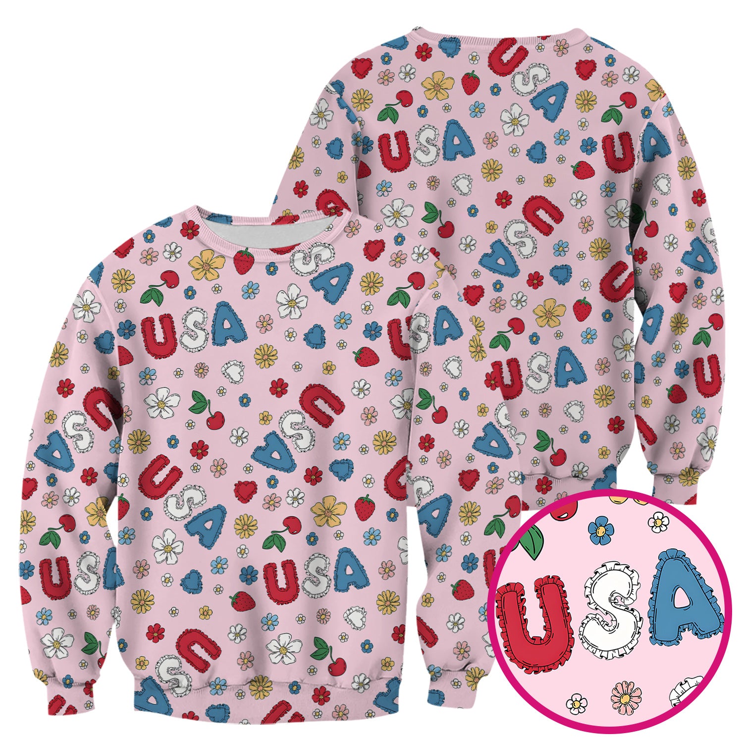 USA Cherry Strawberry Floral Patch Pattern Scrub Top, Comfortable Scrubs for Nurses