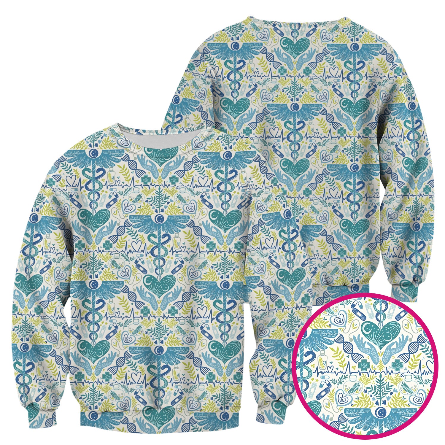 Inspirational Botanical Medical Caduceus Heart Nurse Pattern Scrub Top, Breathable Fabrics Nursing Uniform