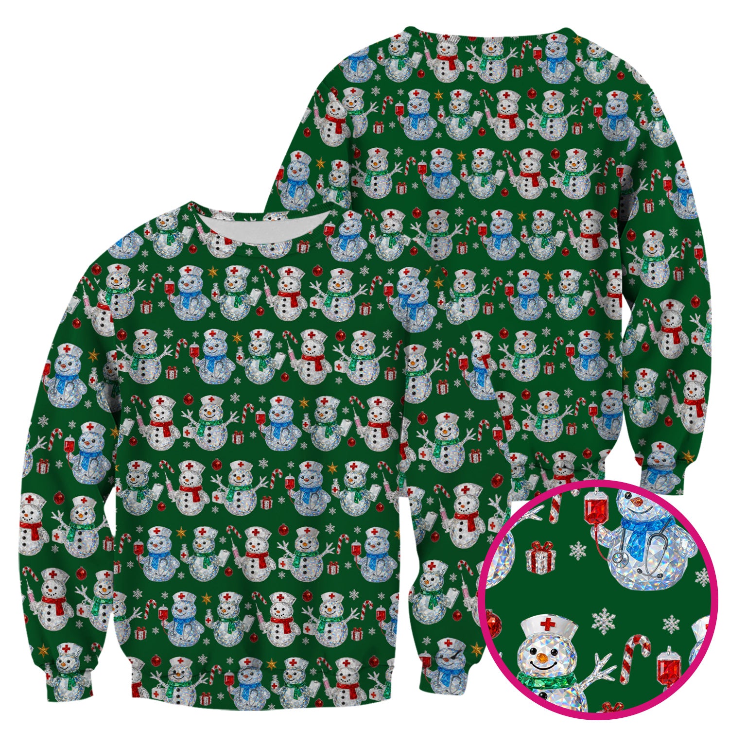 Nurse Snowman Christmas Scrub Top, Cute Holiday Medical Pattern Shirt For Women, Winter Snowflake Nursing Uniform