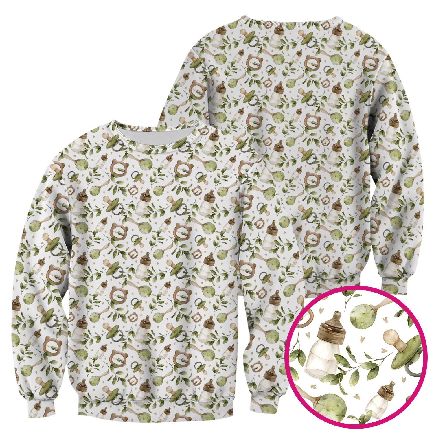 Cute Baby Bottle and Greenery Pattern Scrub Top, Breathable Fabrics Nursing Uniform