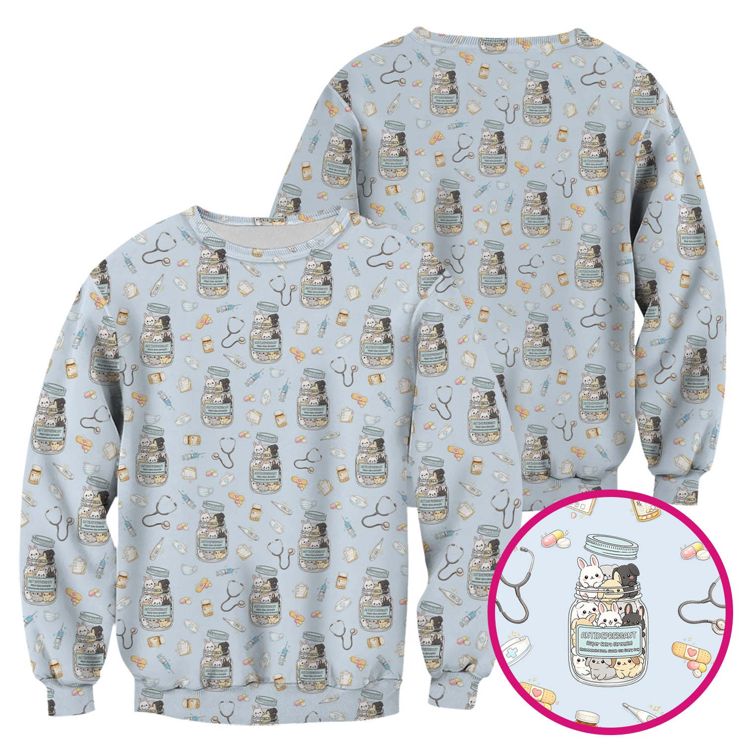 Whimsical Antidepressant Rabbit Jar Design Nurse Scrub Top, Soft & Breathable Workwear
