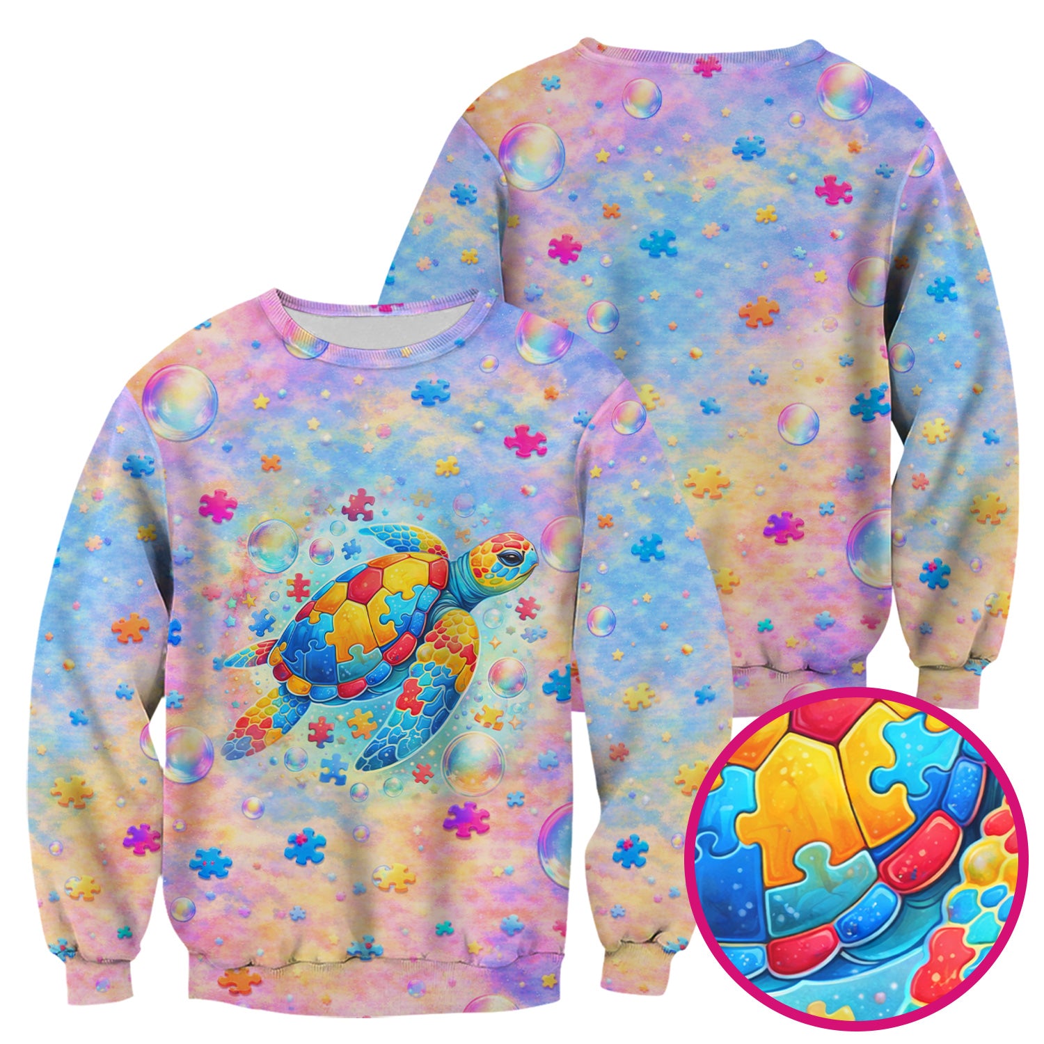 Autism Puzzle Sea Turtle Pastel Rainbow Print Scrub Top, Comfortable Scrubs for Nurses