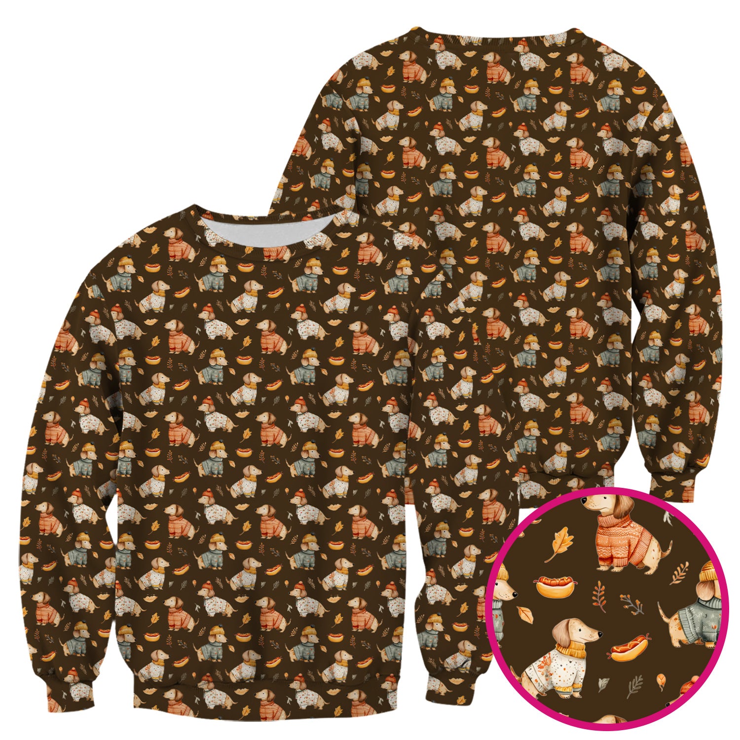Autumn Dachshund Dog Sweater Print Scrub Top, Comfortable Scrubs for Nurses