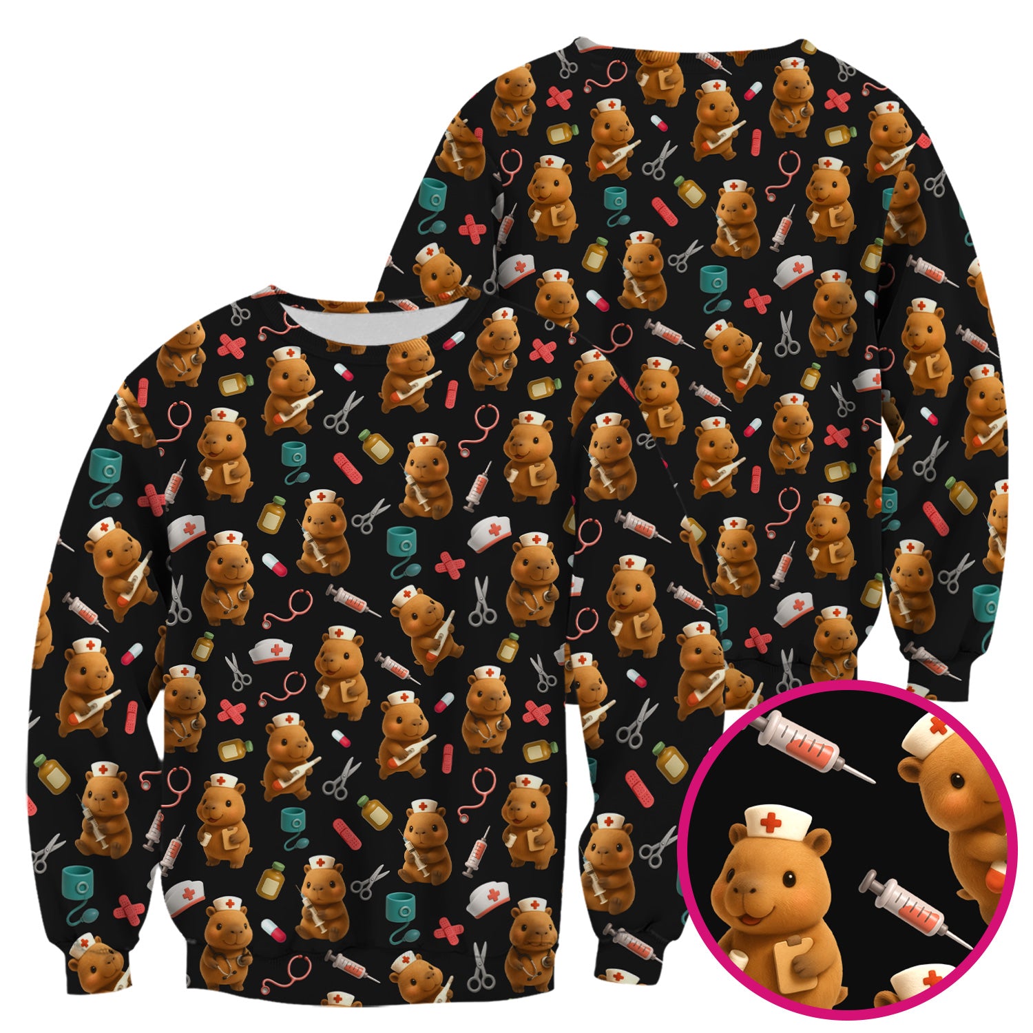 Funny Bear Scrub Top for Women - Nurse Hat and Syringe Pattern Medical Scrubs - Cute Teddy Nurse Shirt Gift for RN CNA LPN