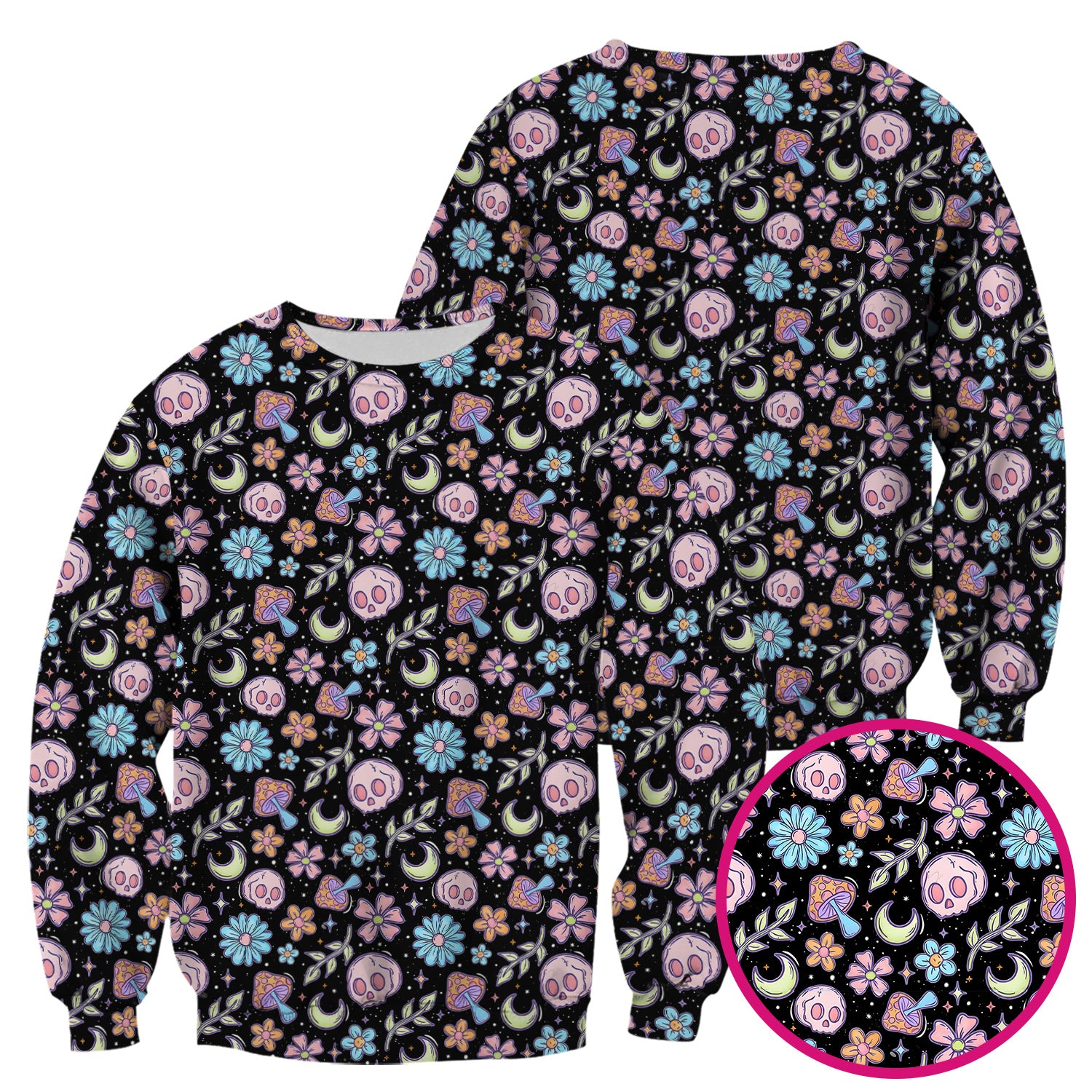 Neon Skull Mushroom Floral Scrub Top, Colorful Gothic Nurse Scrubs Uniform