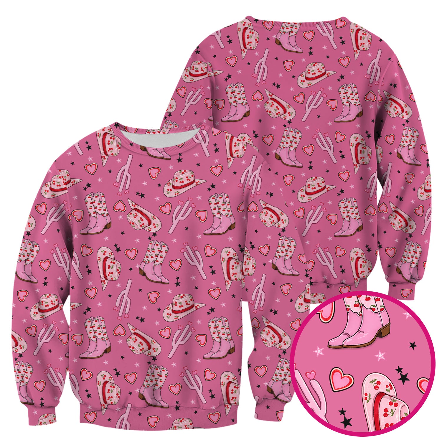 Pink Cowgirl Western Boots Hat Pattern Scrub Top, Breathable Medical Uniform Top