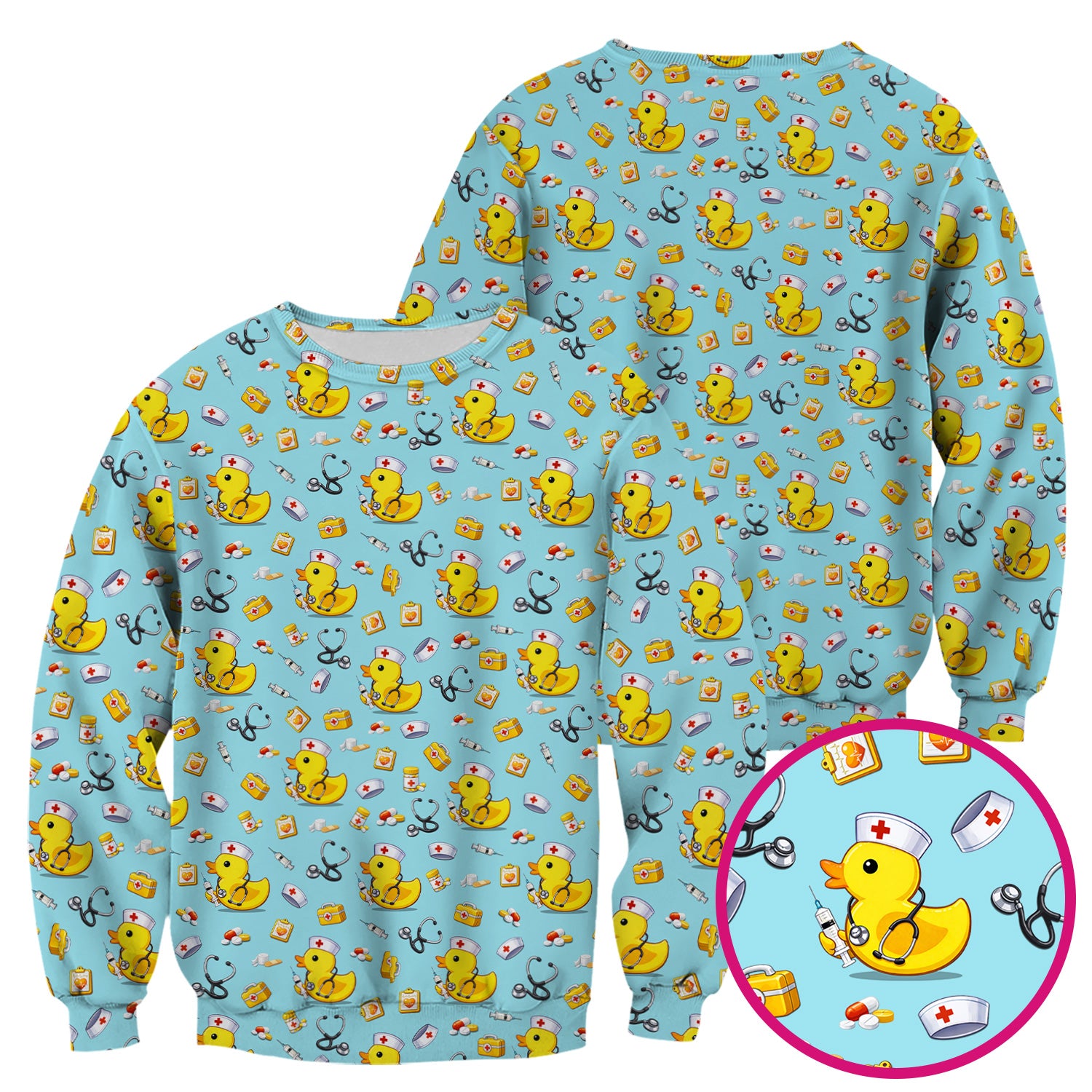 Playful Medical Duck Print Nurse Scrub Top, Comfortable Scrubs for Nurses