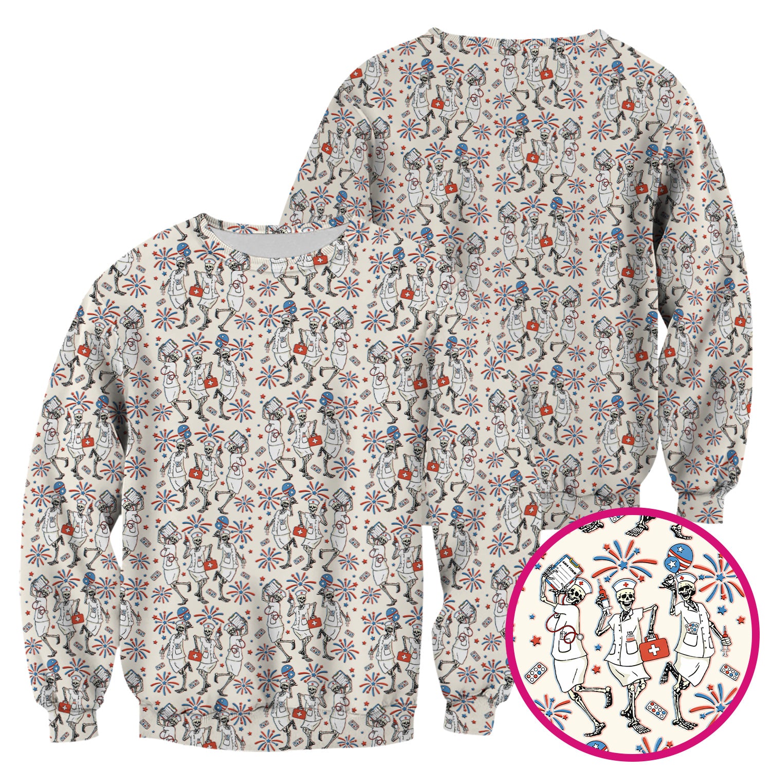 Funny Skeleton Nurse Patriotic Print Scrub Top, Halloween USA Fireworks Nursing Uniform for Women