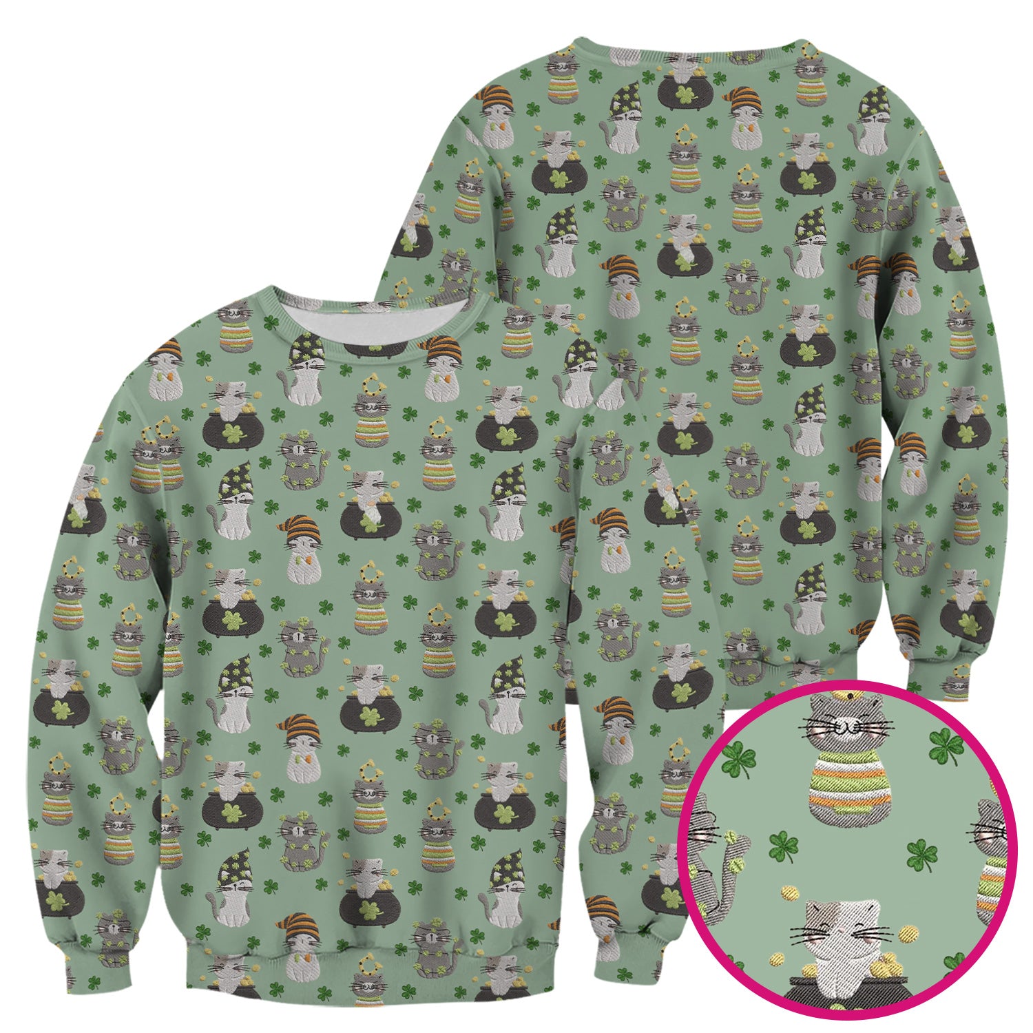 St. Patrick’s Day Scrub Top, Lucky Cat With Shamrock Pattern Shirt, Breathable Fabrics Nursing Uniform
