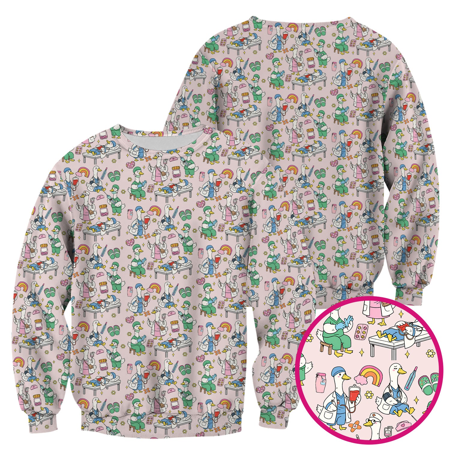 Funny Nurse Duck Medical Doodle Pattern Scrub Top, Comfortable Nurse Workwear Top