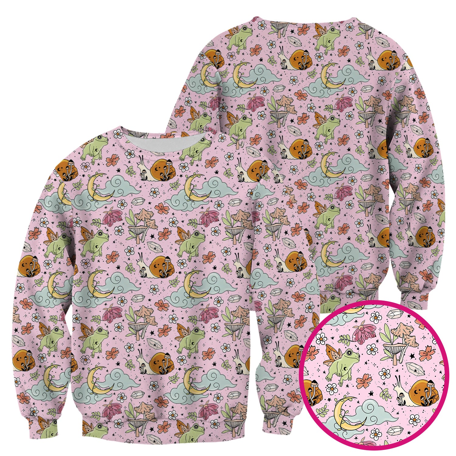Whimsical Frog Moon Mushroom Pattern Scrub Top, Fantasy Nature Print, Breathable Fabrics Nursing Uniform