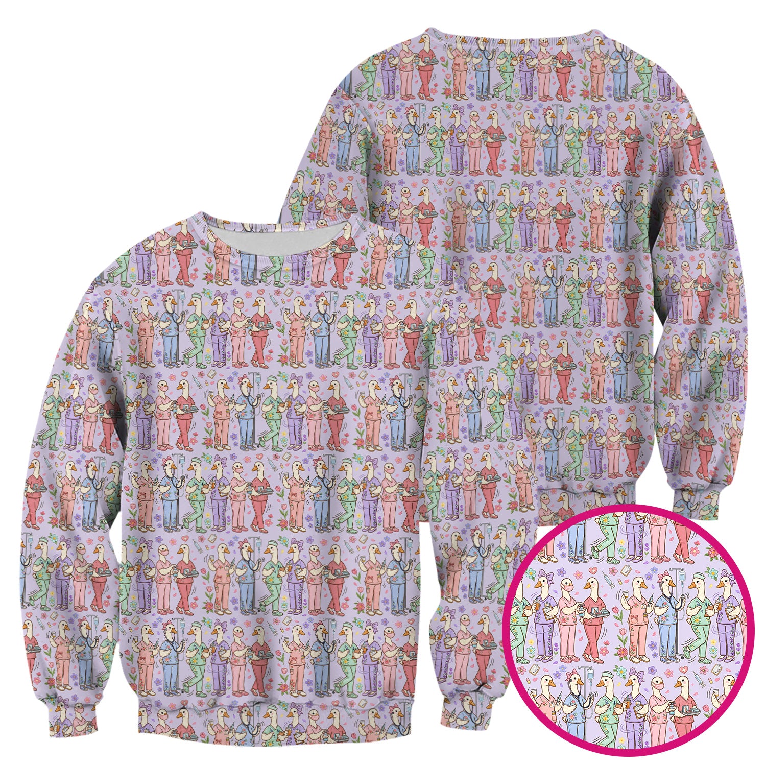 Goose Characters Floral Medical Team Uniform Pattern Scrub Top, Breathable Fabrics Nursing Uniform